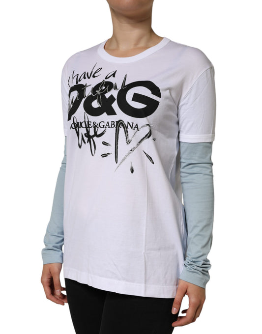 A white cotton t-shirt with a logo print on the front