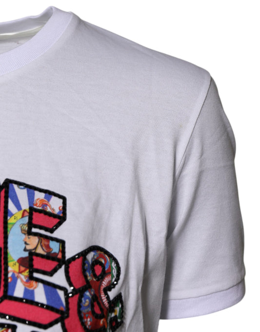 White t-shirt with colorful graphic design on front