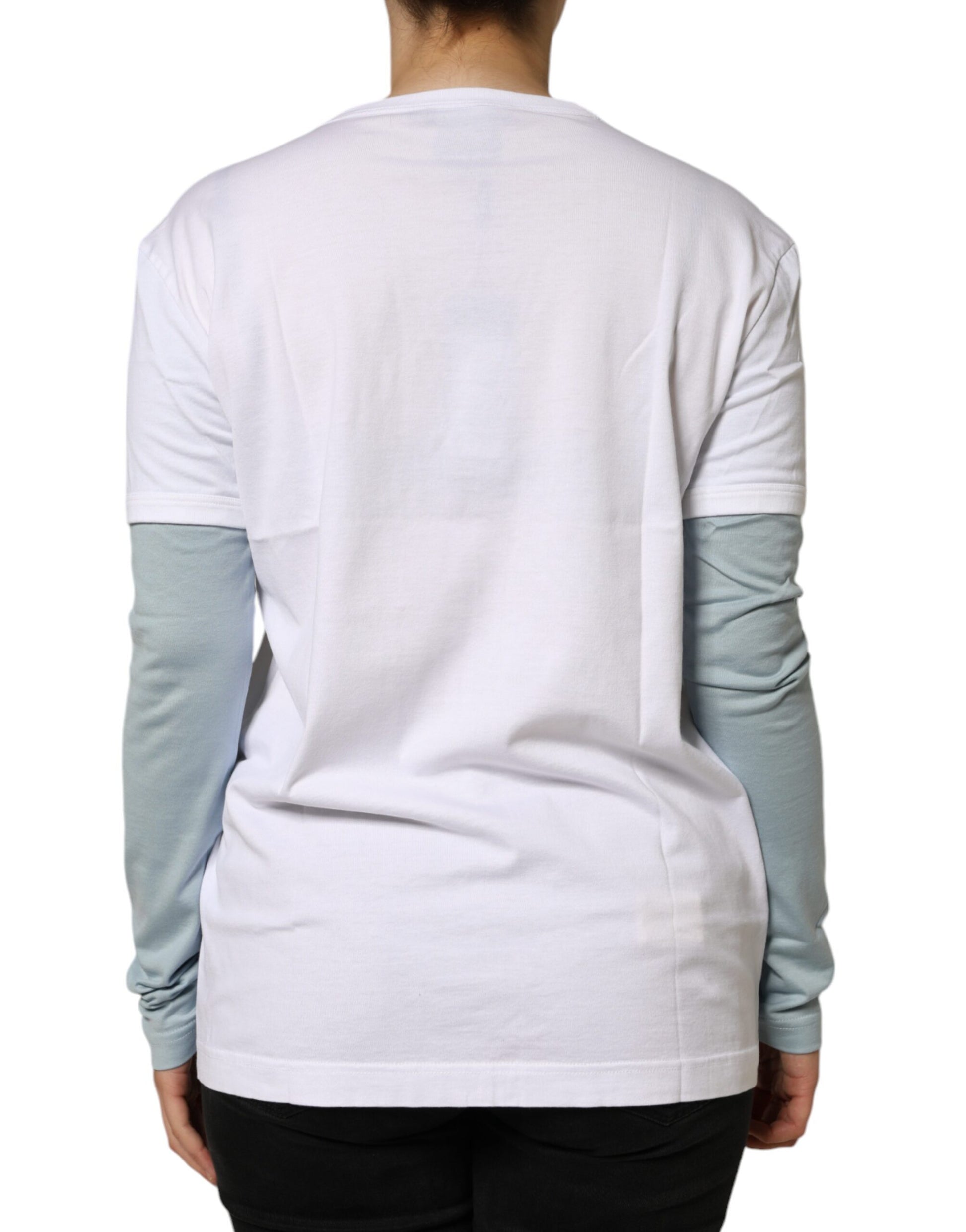 A white cotton t-shirt with a logo print on the back