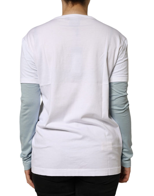 A white cotton t-shirt with a logo print on the back