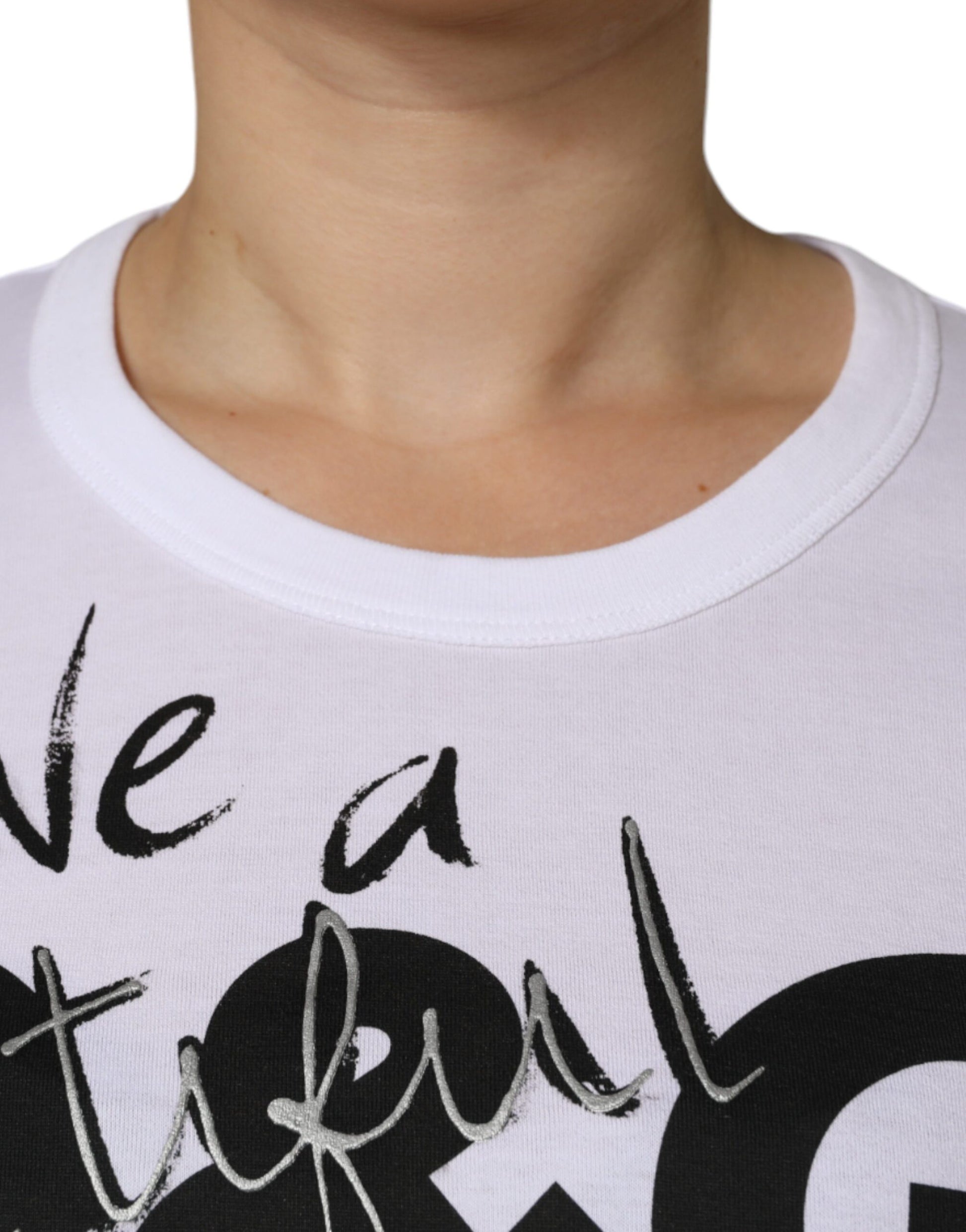 A white cotton t-shirt with a round neck and logo print on the front