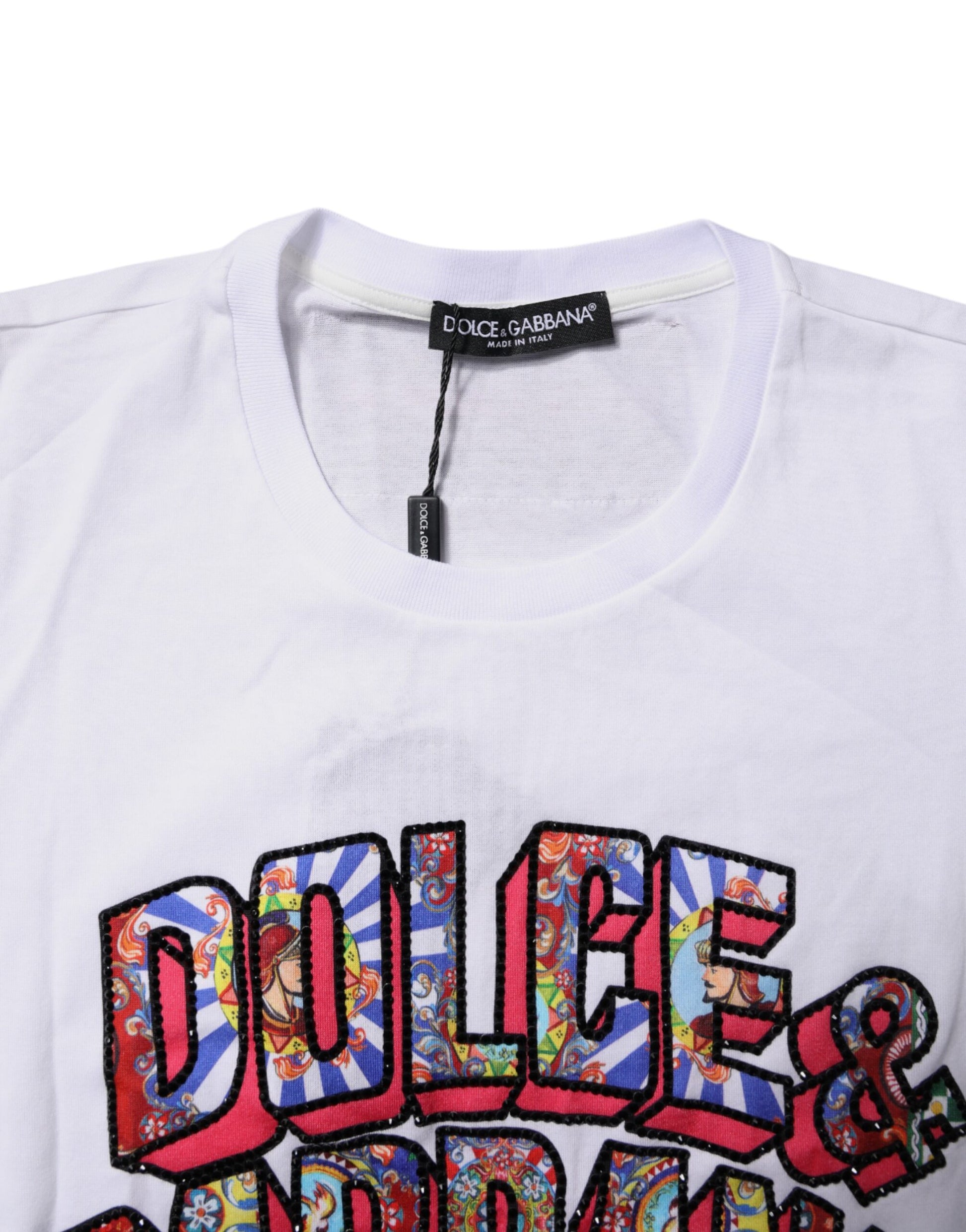 White t-shirt with colorful graphic design on front