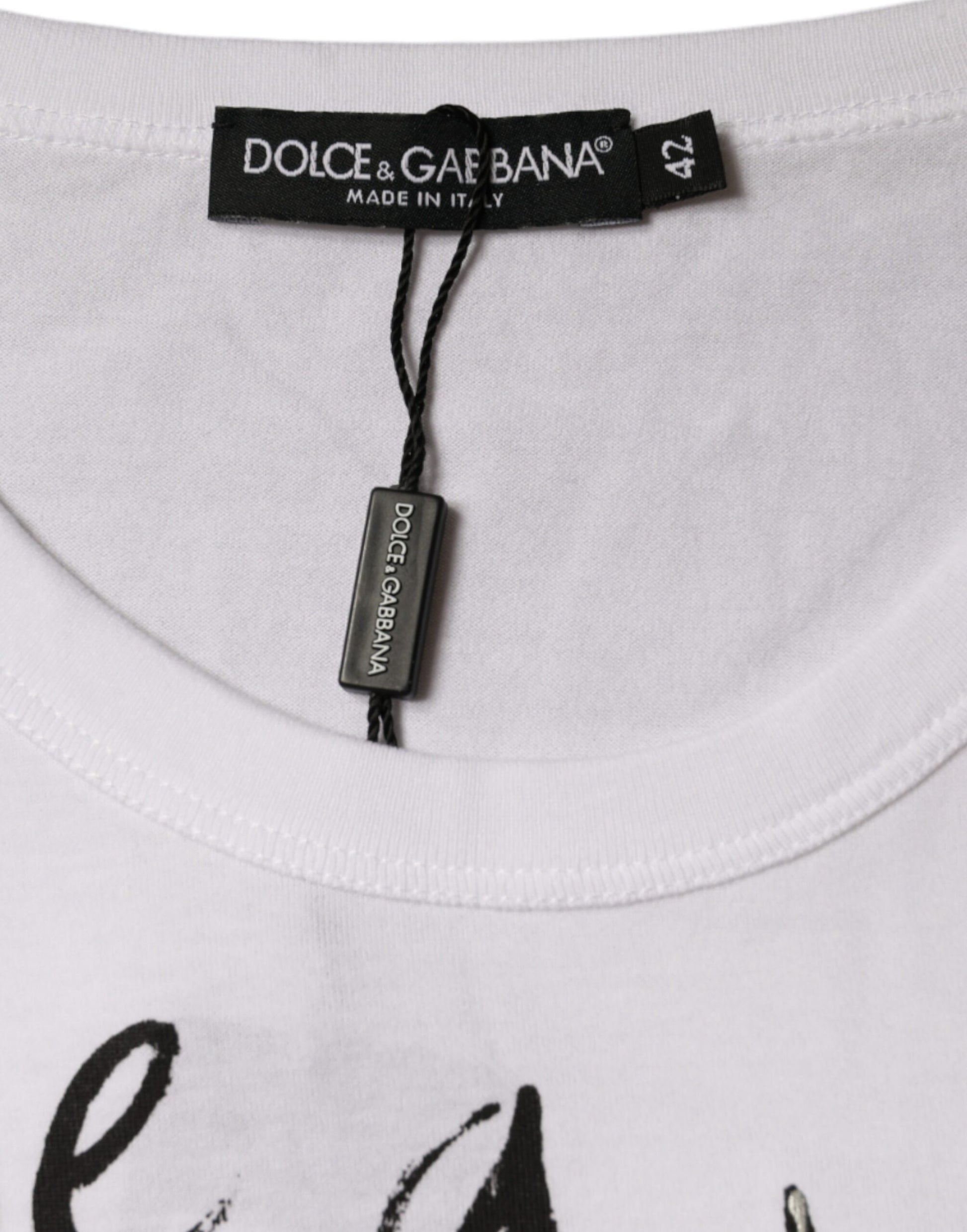 A white cotton t-shirt with a logo print on the front