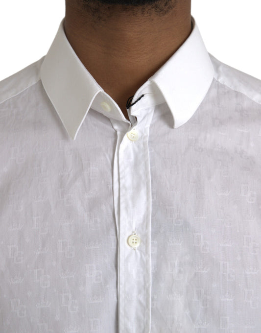 A white cotton long sleeve dress shirt with gold accents