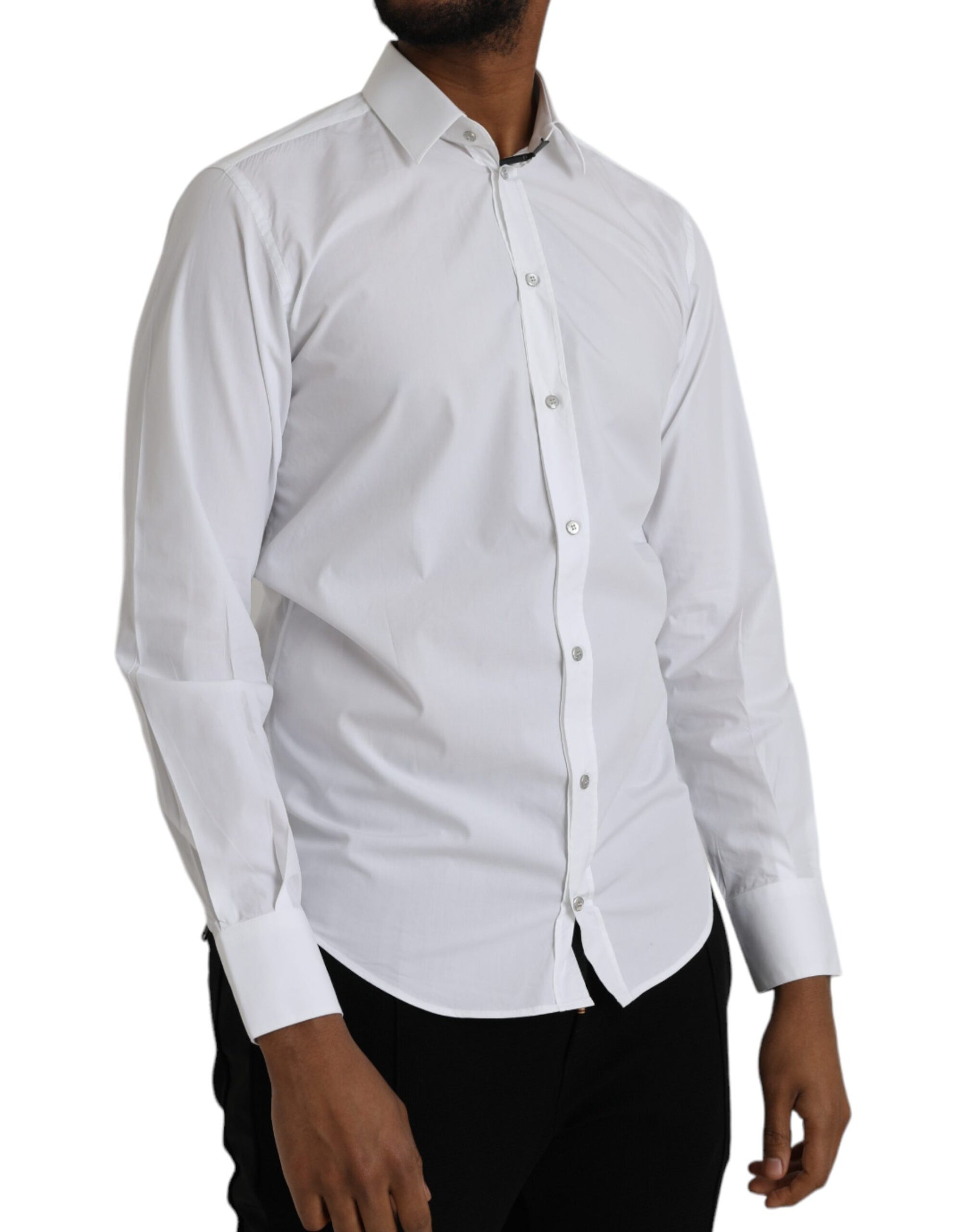 A mannequin wearing a white cotton long sleeve dress shirt with button-down collar
