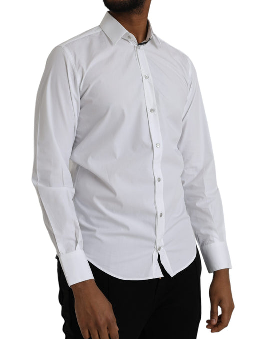 A mannequin wearing a white cotton long sleeve dress shirt with button-down collar