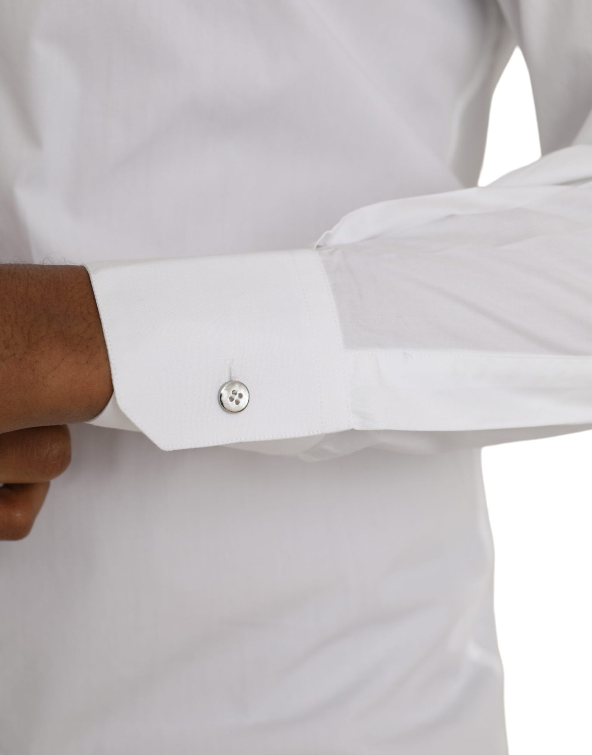 A white cotton long sleeve dress shirt with a Martinis collar