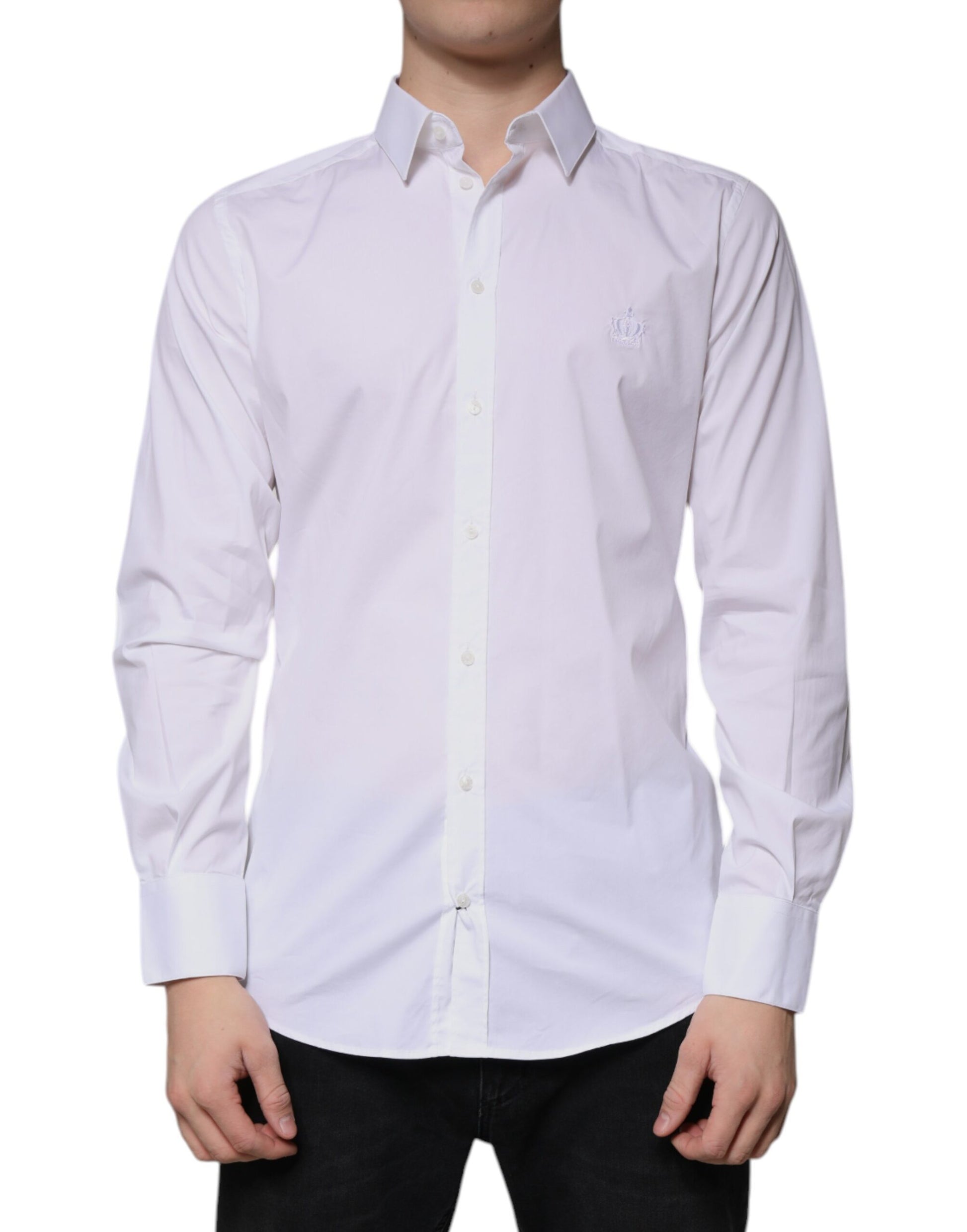 A long sleeved white cotton dress shirt with gold accents