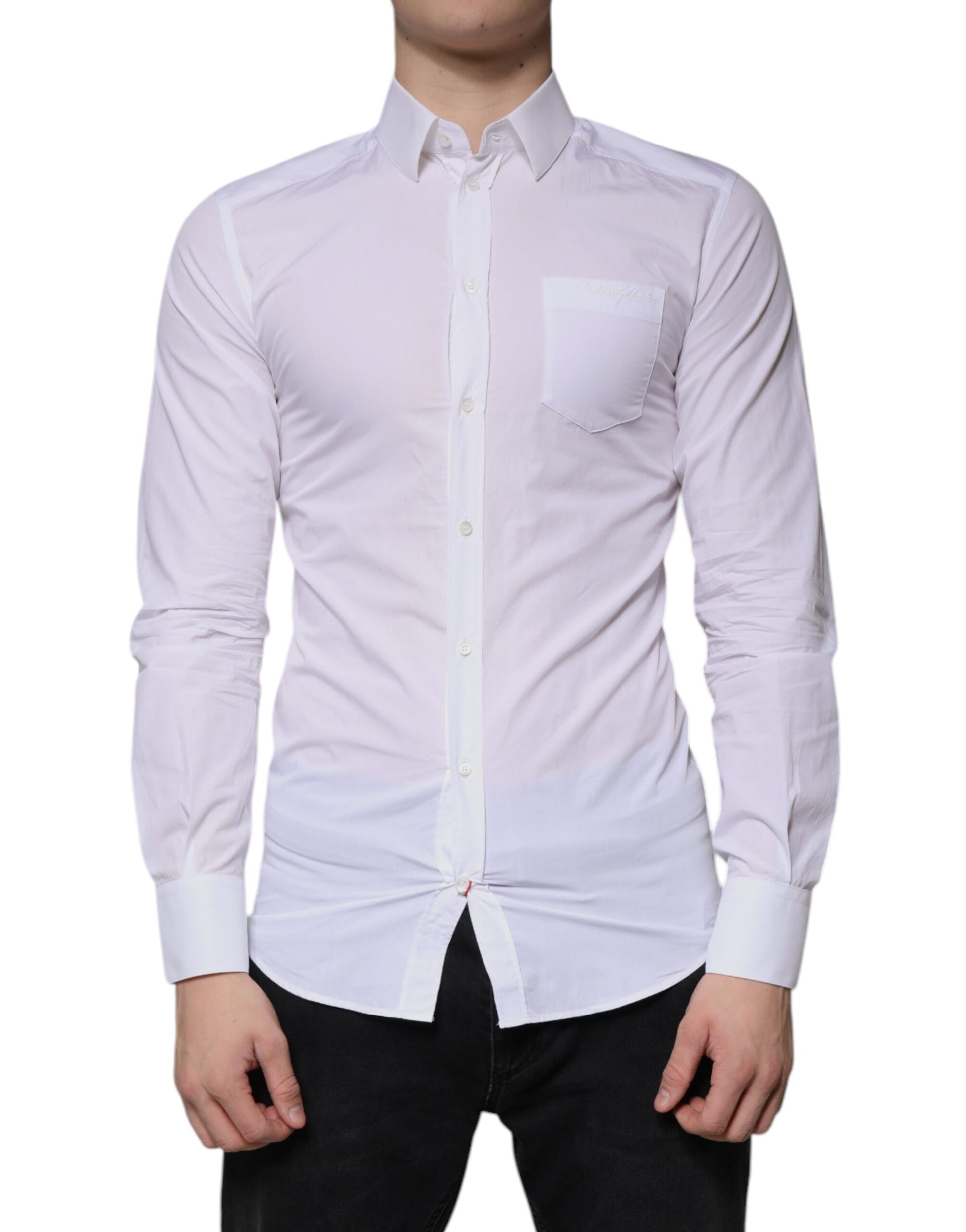 White cotton long sleeve dress shirt with gold accents, designed by Dolce & Gabbana