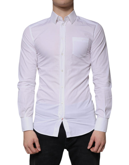 White cotton long sleeve dress shirt with gold accents, designed by Dolce & Gabbana