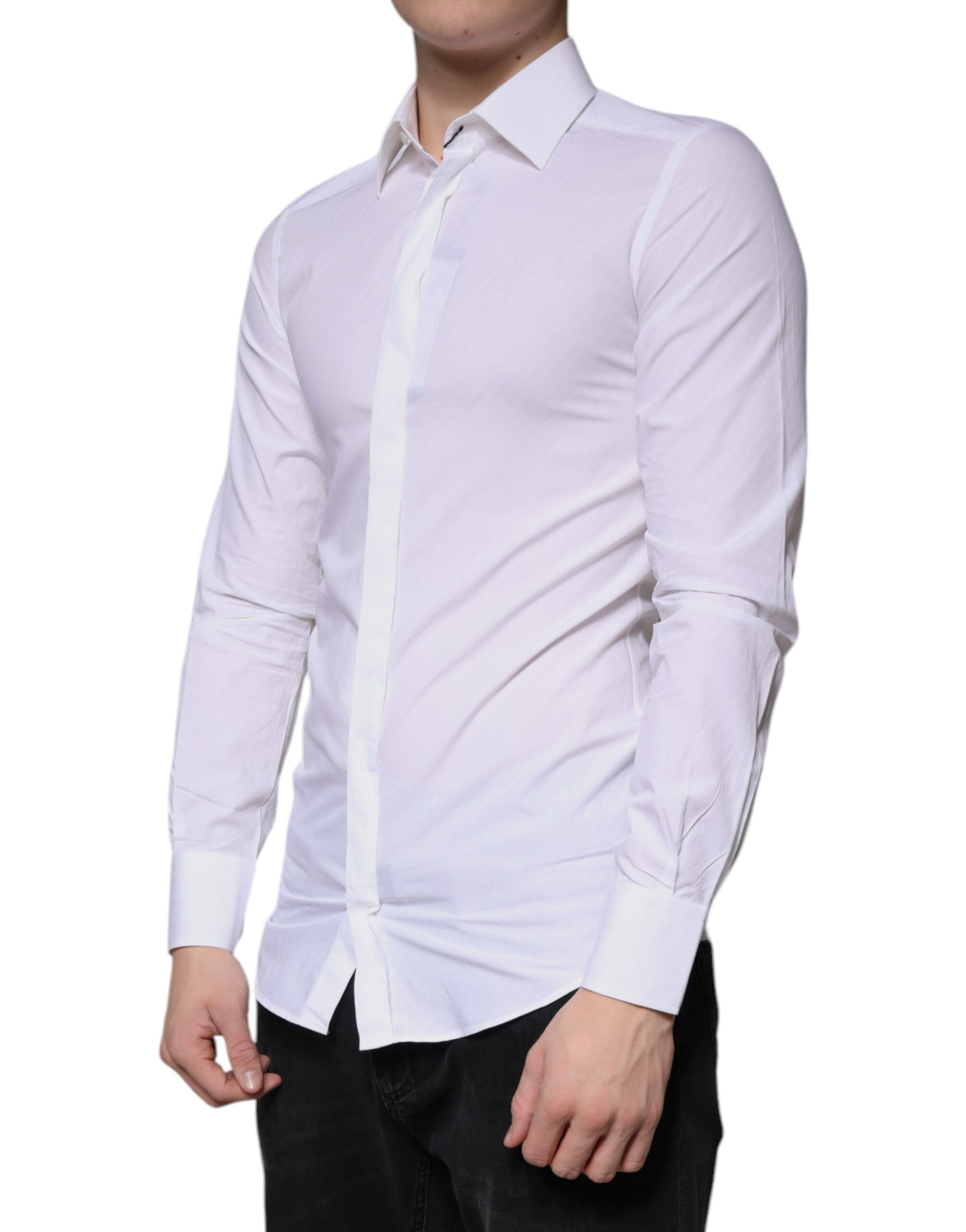 A mannequin wearing a white cotton long sleeve dress shirt