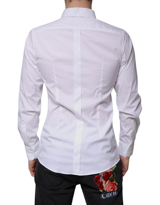 A white cotton long sleeve dress shirt with a floral embroidery on the back