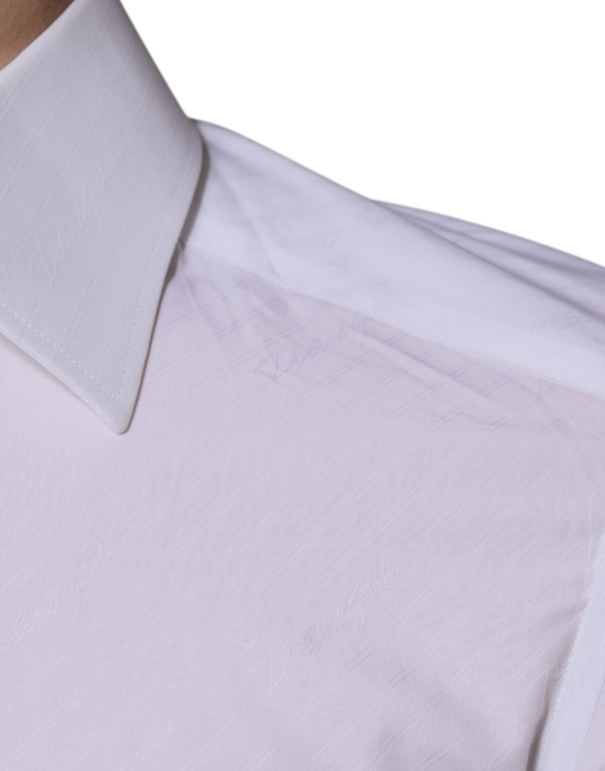 A white cotton dress shirt with a gold collar and long sleeves