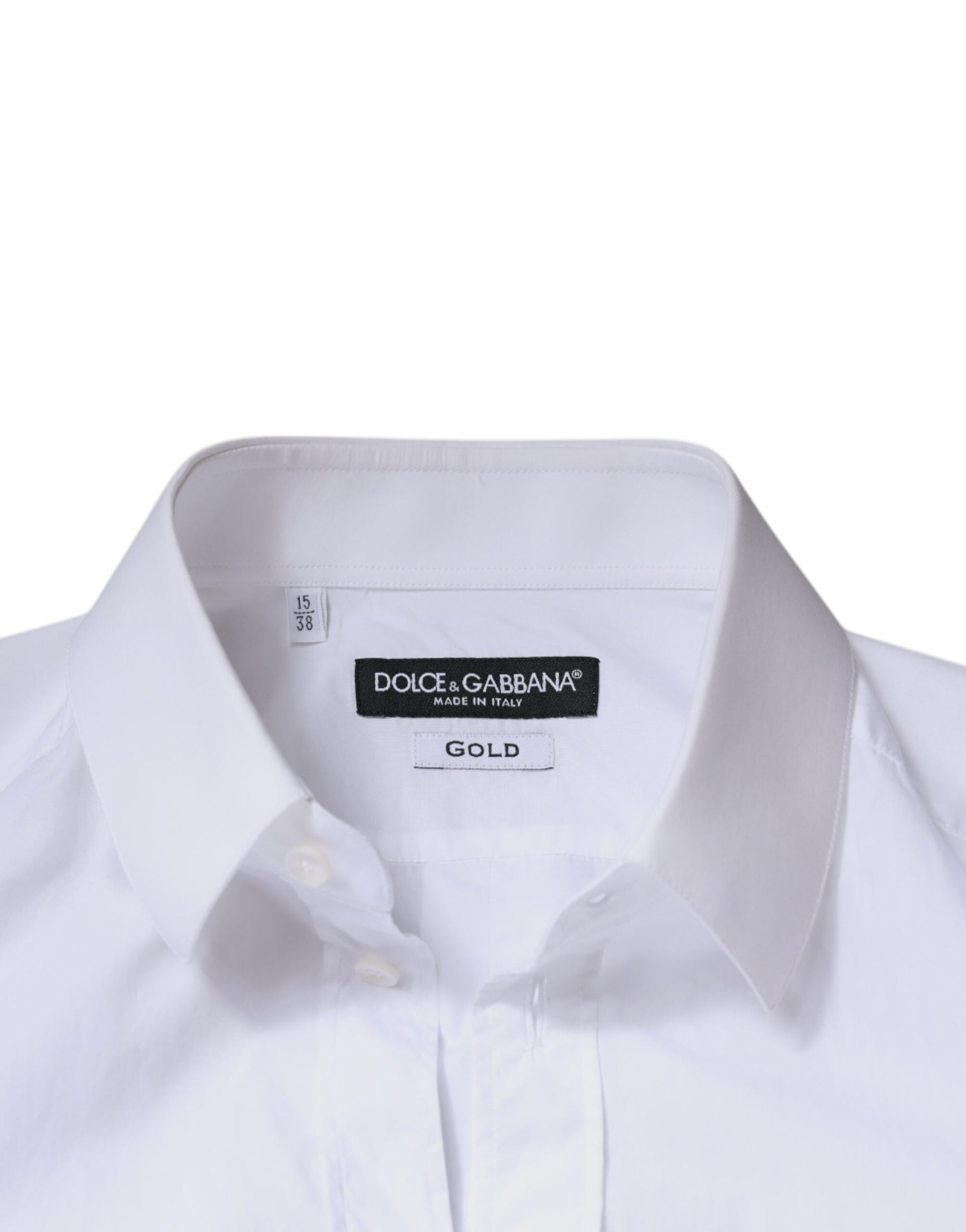 A white cotton long sleeve shirt with a gold label from Dolce & Gabbana