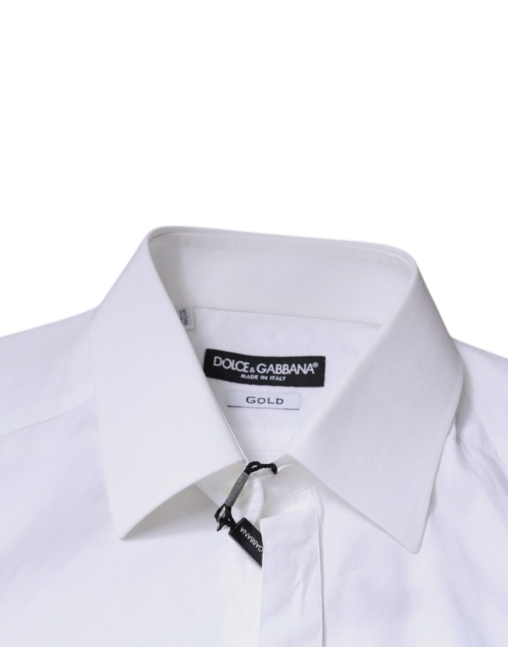White cotton long sleeve dress shirt with gold label