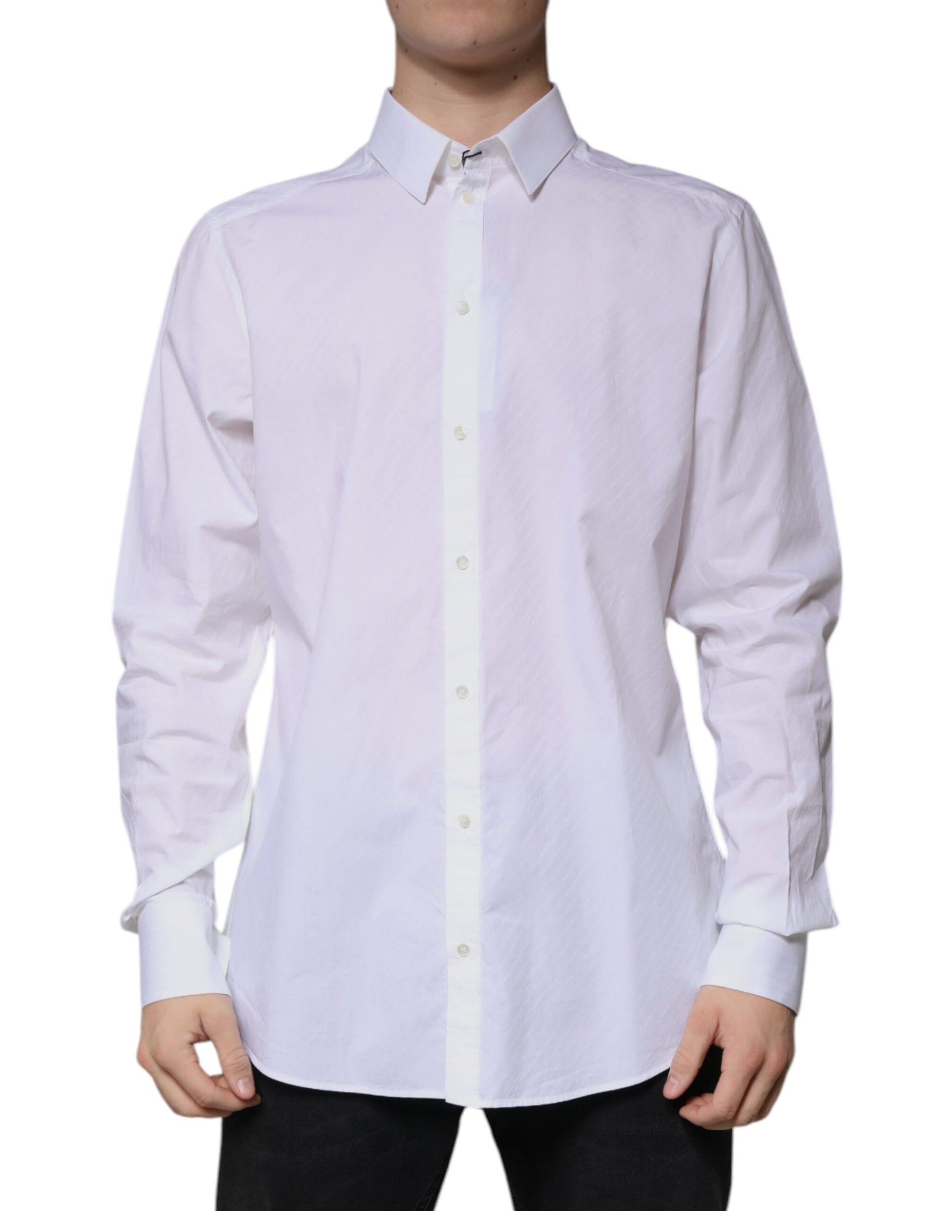 A long sleeved white cotton dress shirt with a collar and button-down front