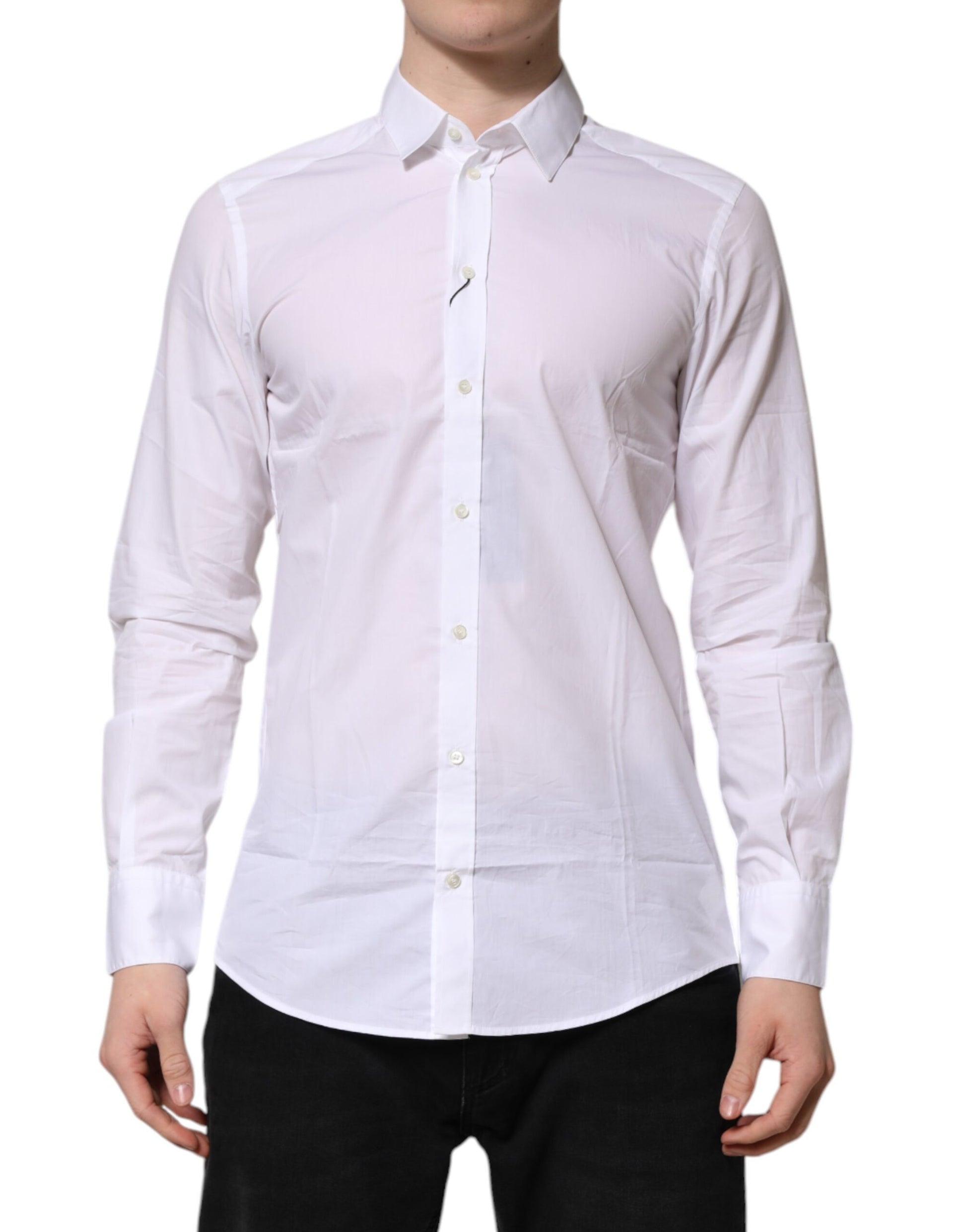 A long sleeve white cotton dress shirt with a collar and button-up front