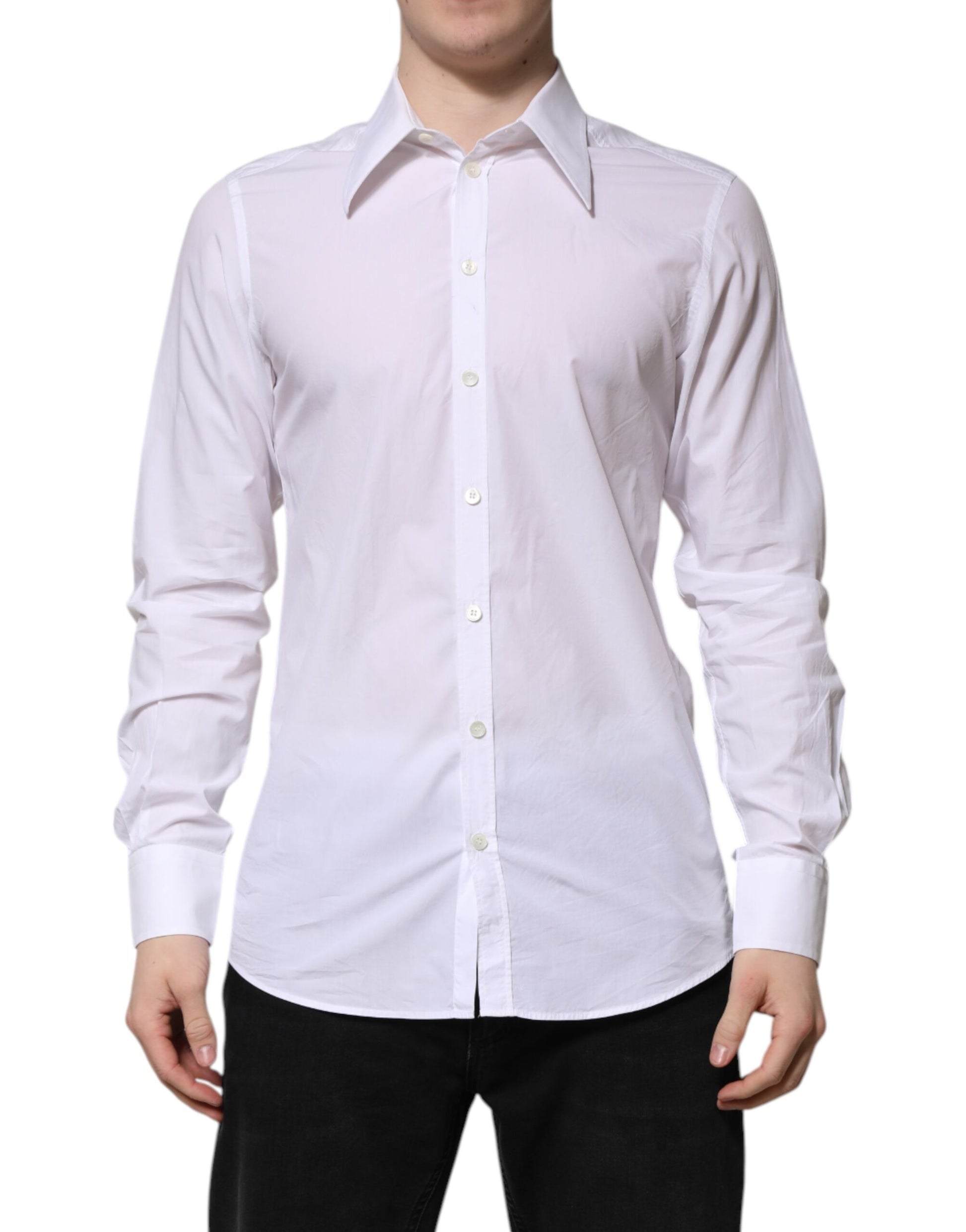 A long sleeve dress shirt in white cotton, with a collar and button-up front