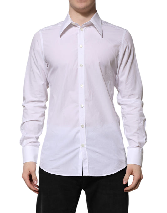 A long sleeve dress shirt in white cotton, with a collar and button-up front