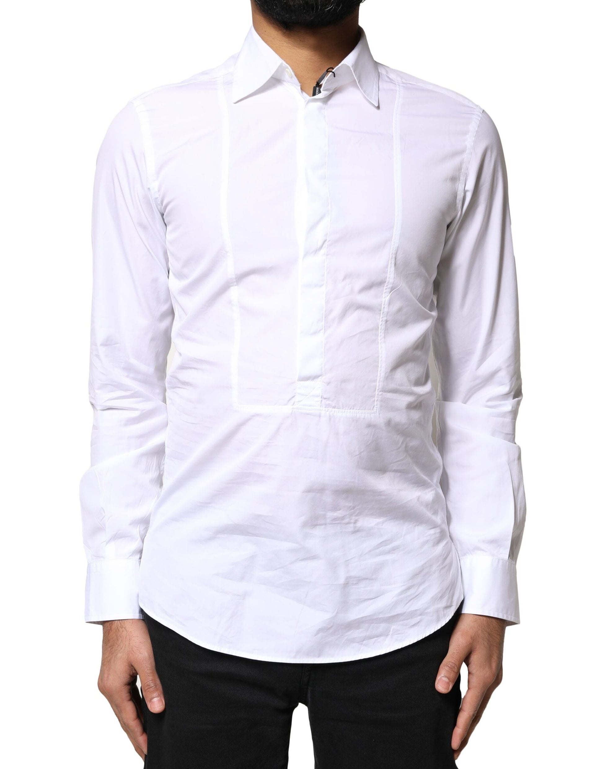 White cotton long sleeve dress shirt with button-down collar and front pocket
