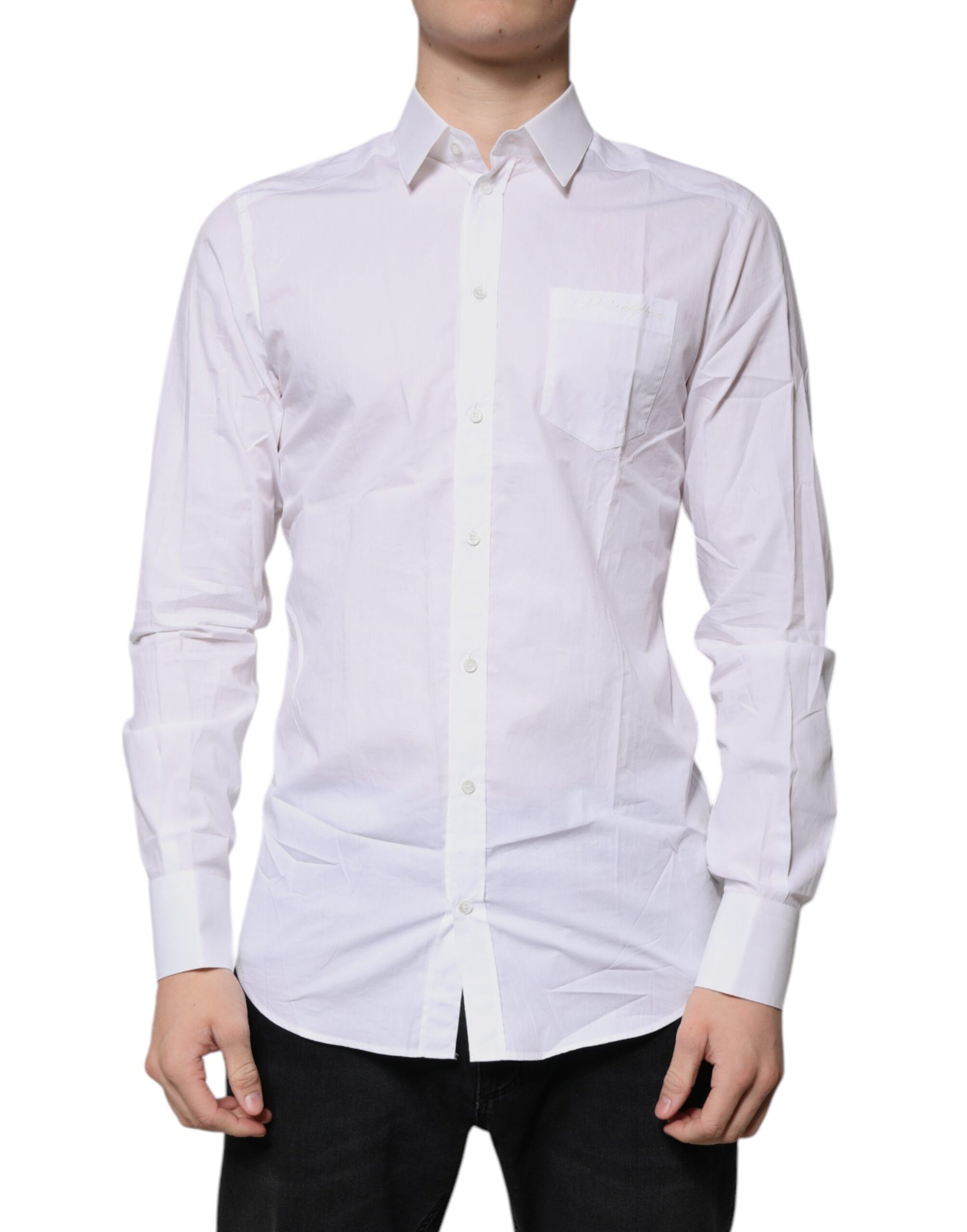 A long sleeve white cotton dress shirt with a collar and button-down front