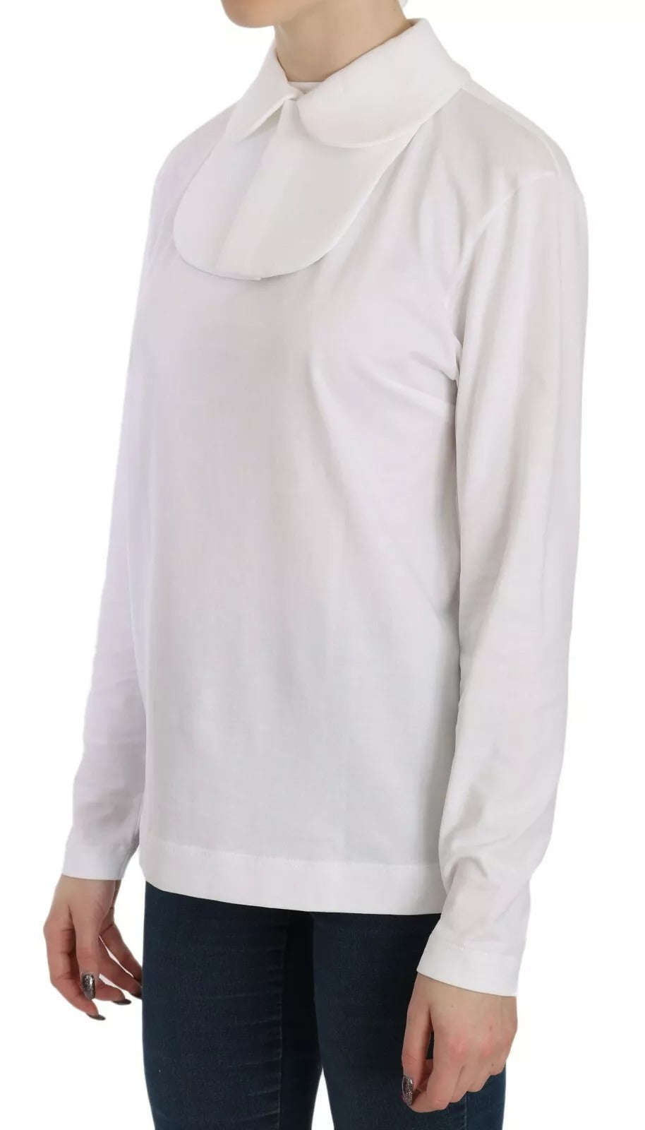Long sleeve white blouse with collar and ruffled neckline