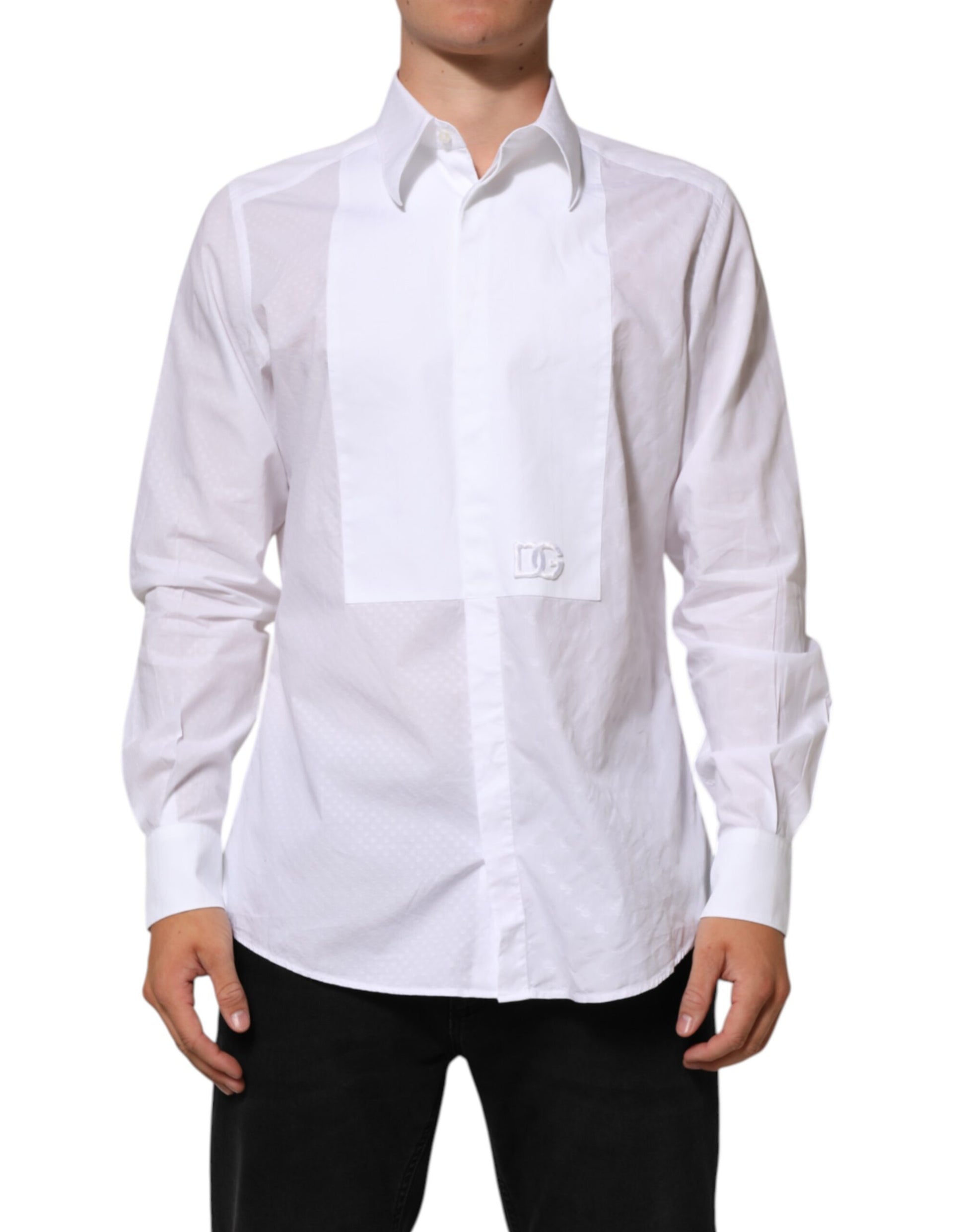 Men's white cotton dress shirt with collar and bib front, from the brand Dolce & Gabbana