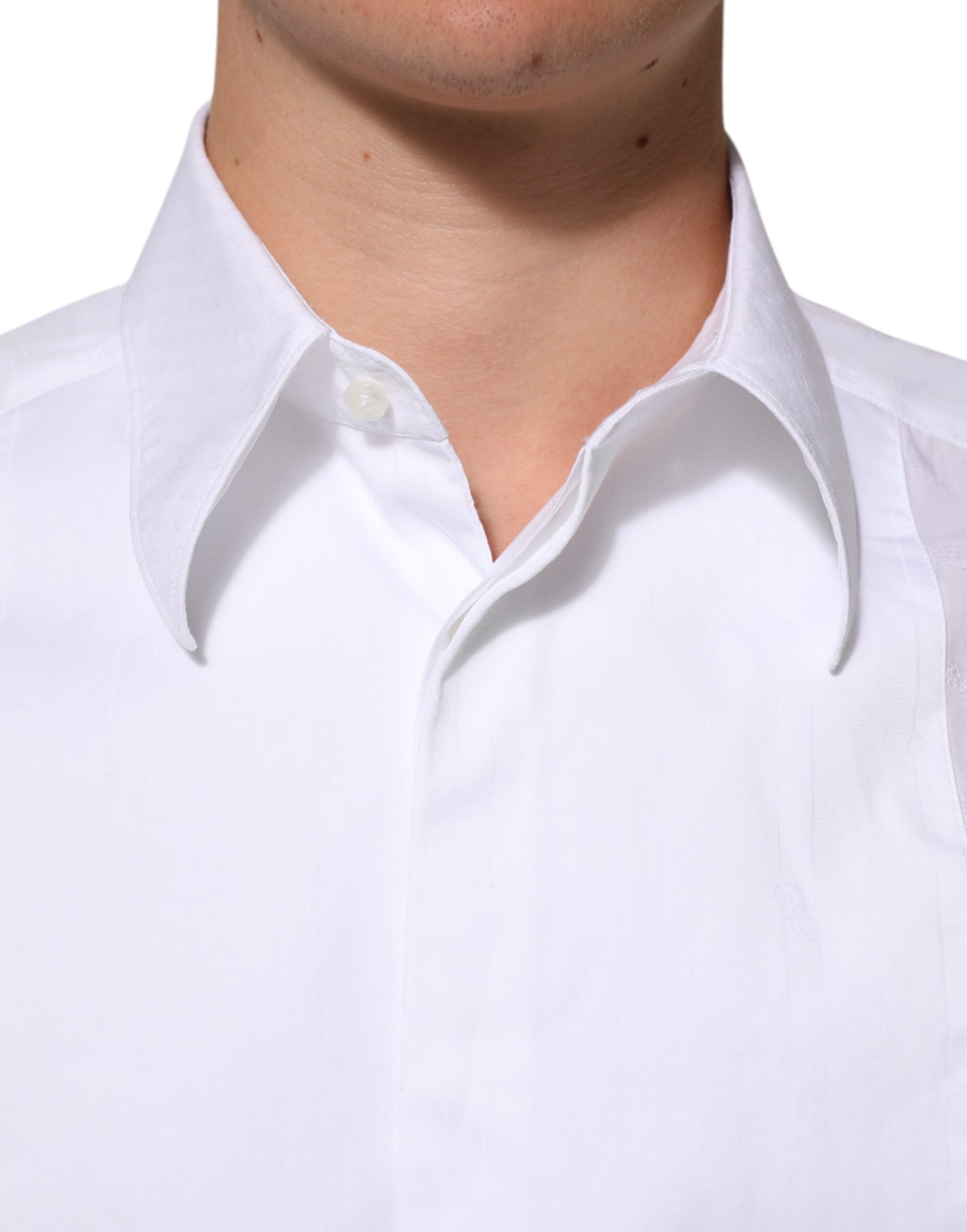 A white cotton dress shirt with a collar and button-down front