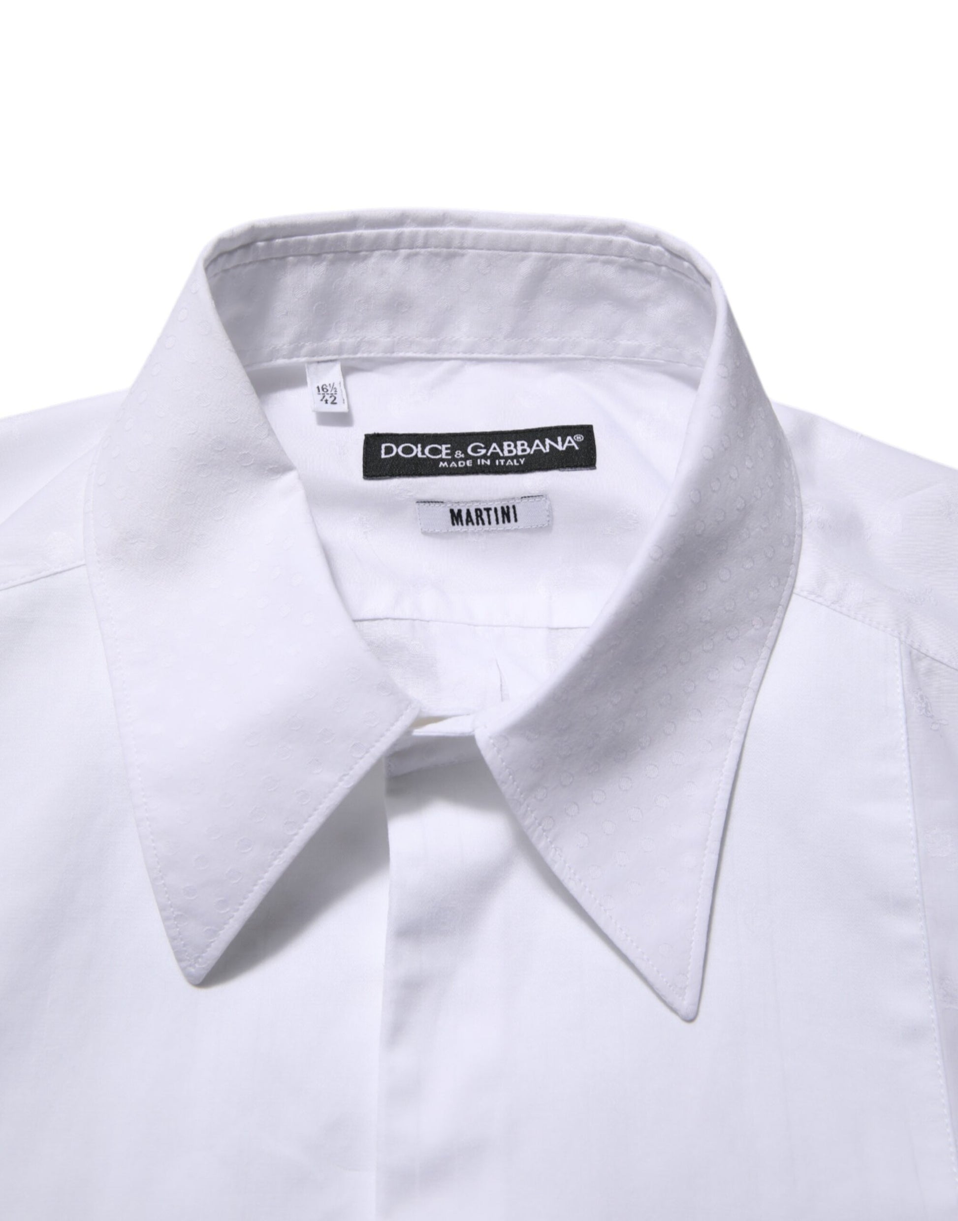 White cotton shirt with collar, tagged "Dolce & Gabbana Martinis"