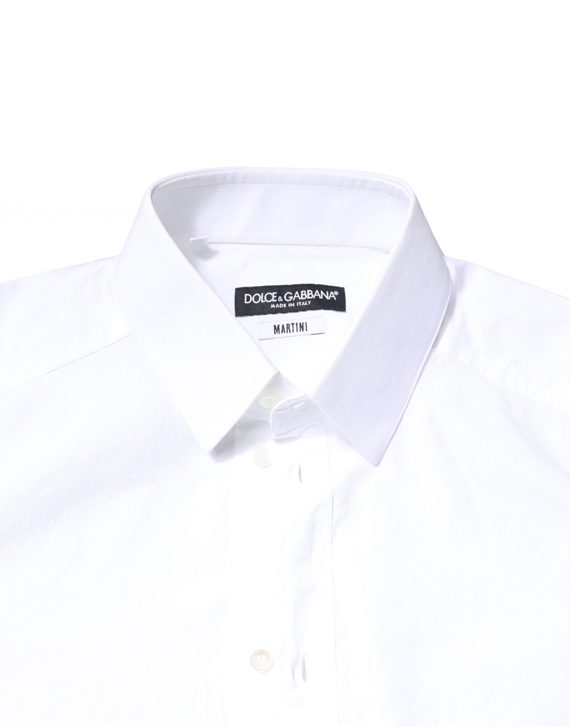A white cotton dress shirt with a black label on the collar