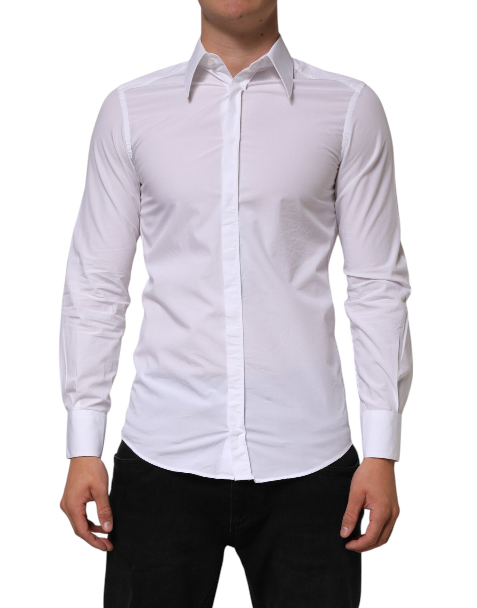 Men's white cotton dress shirt with long sleeves, collar and button-up front