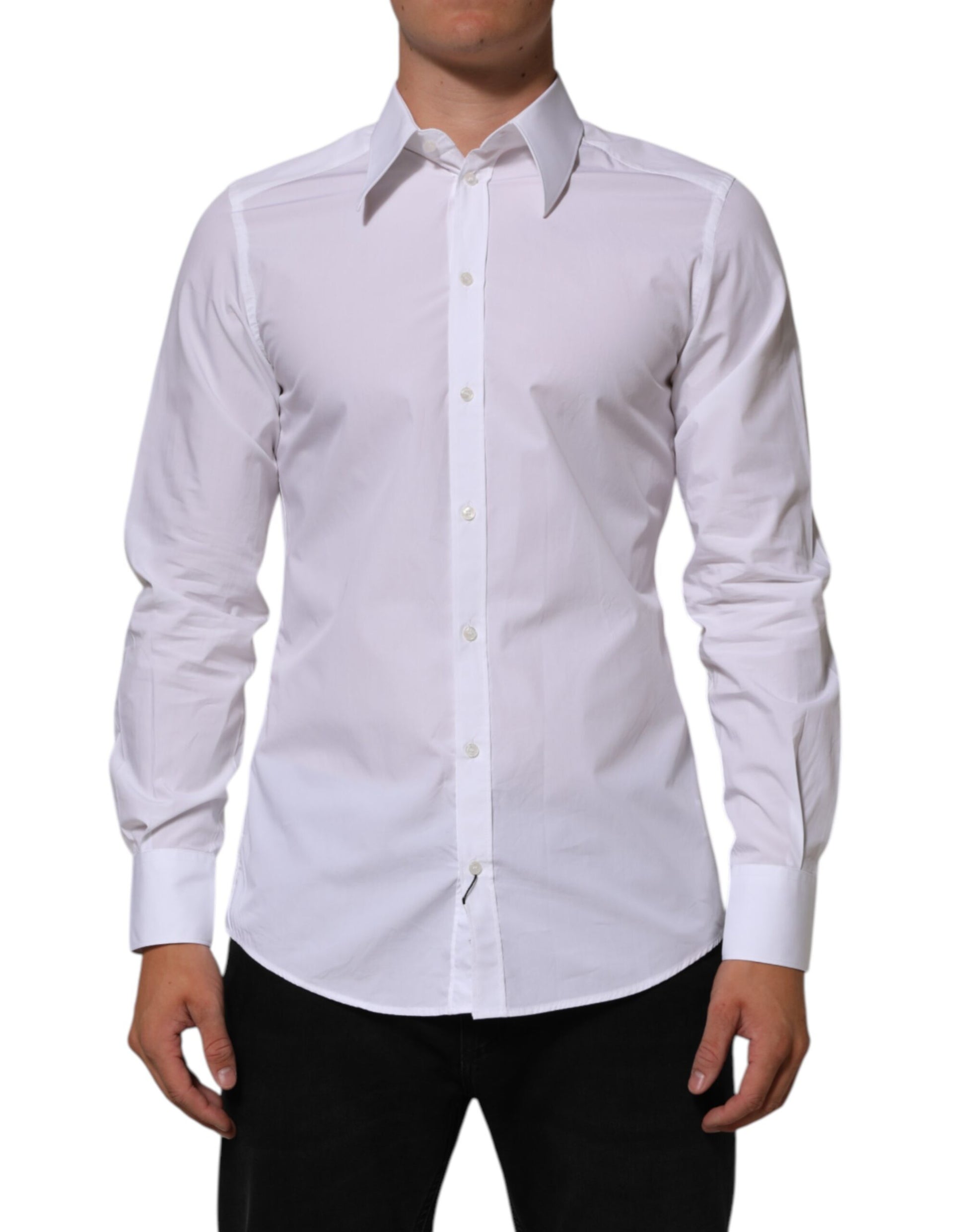 White cotton men's dress shirt with long sleeves, collar and button-up front