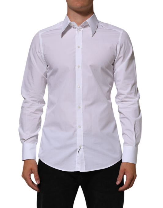 White cotton men's dress shirt with long sleeves, collar and button-up front