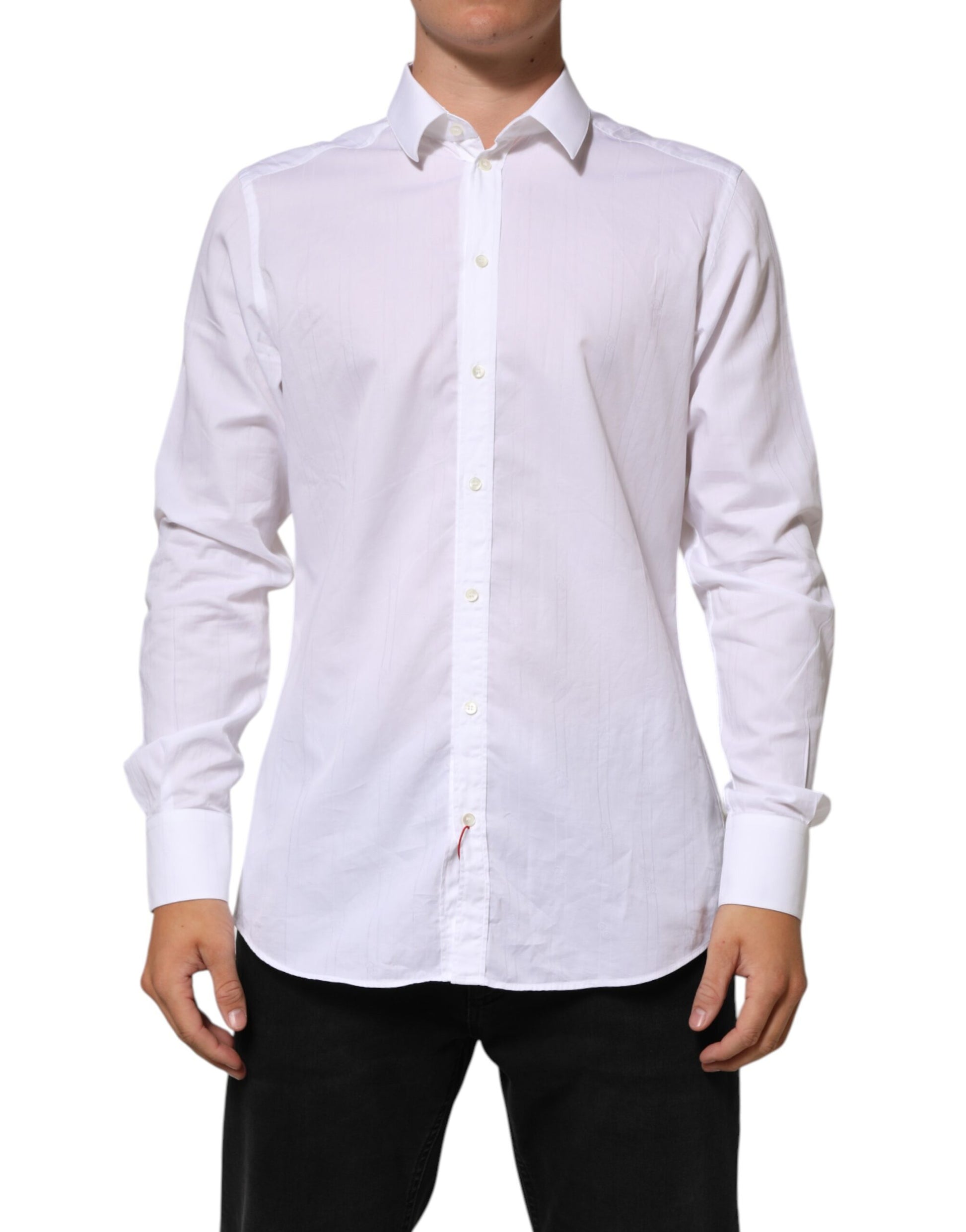 A white cotton dress shirt with long sleeves and a collar, designed for men