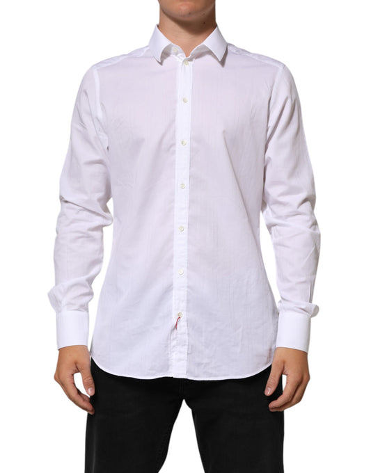 A white cotton dress shirt with long sleeves and a collar, designed for men
