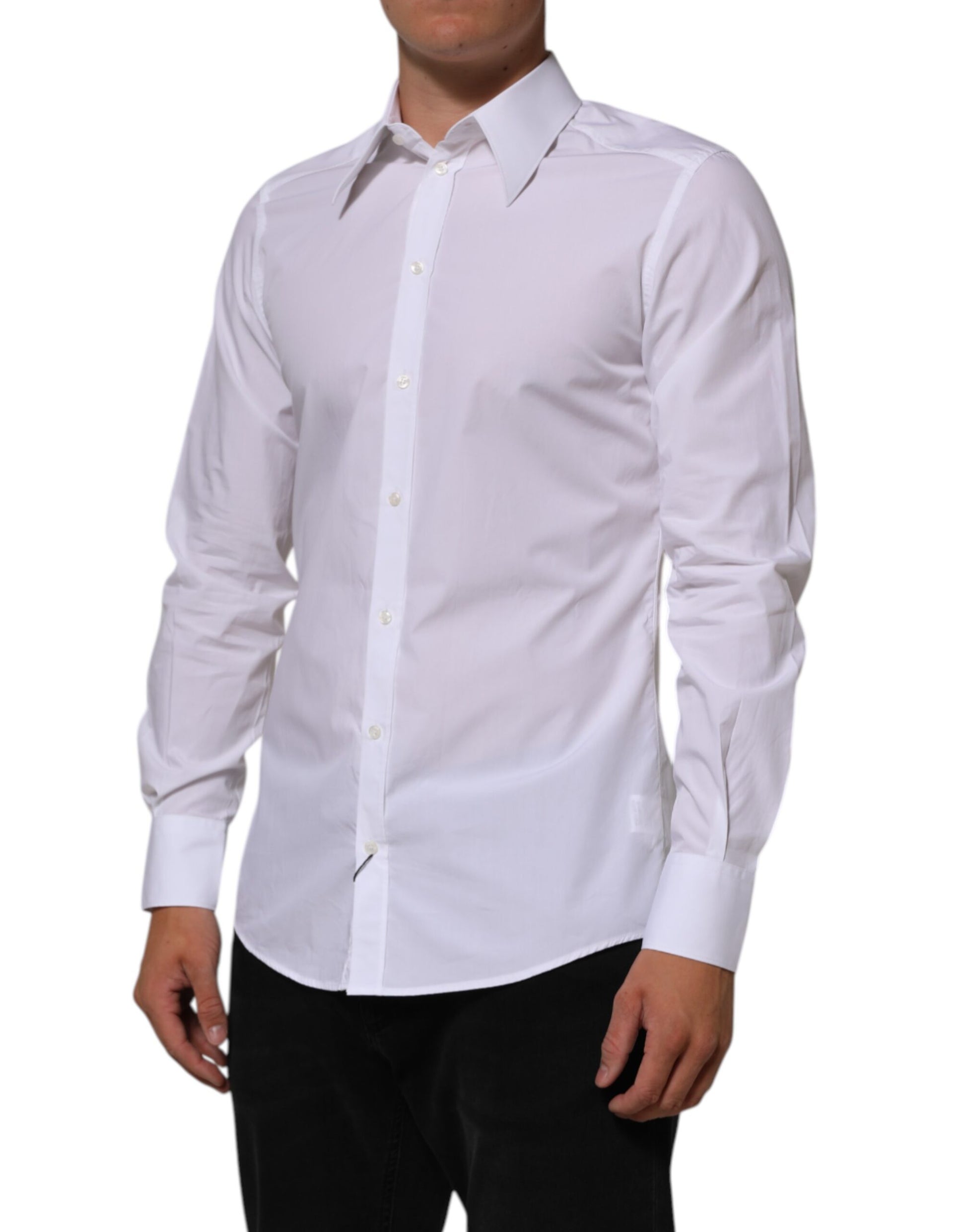 White cotton men's dress shirt with long sleeves and collar