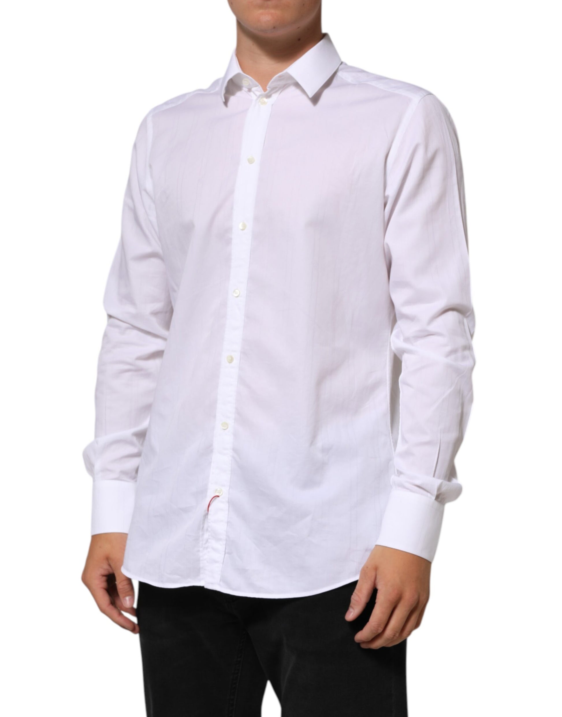 A white cotton men's dress shirt with collar and long sleeves