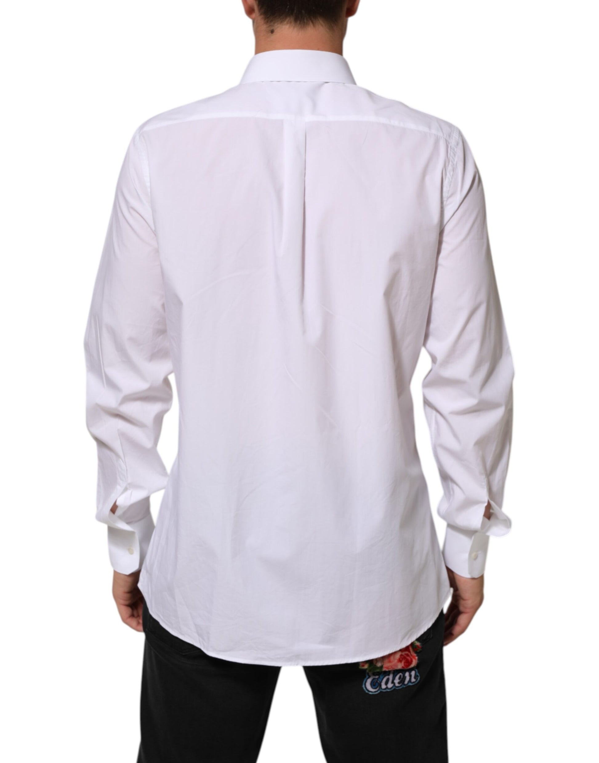 A white cotton men's formal dress shirt with a collar and long sleeves