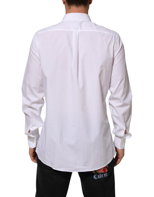 A white cotton men's formal dress shirt with a collar and long sleeves