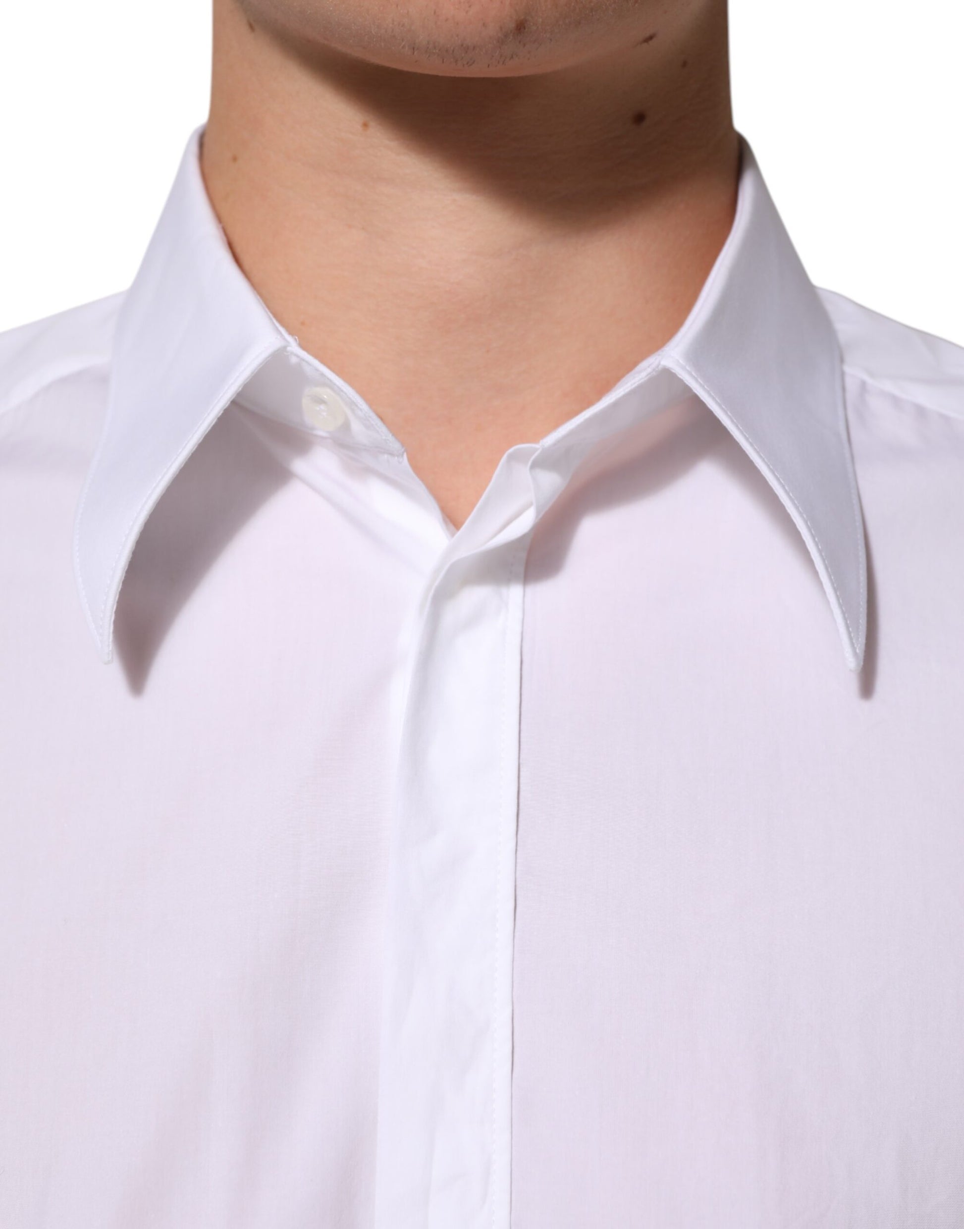 A white cotton men's formal dress shirt with a collar and button-down front