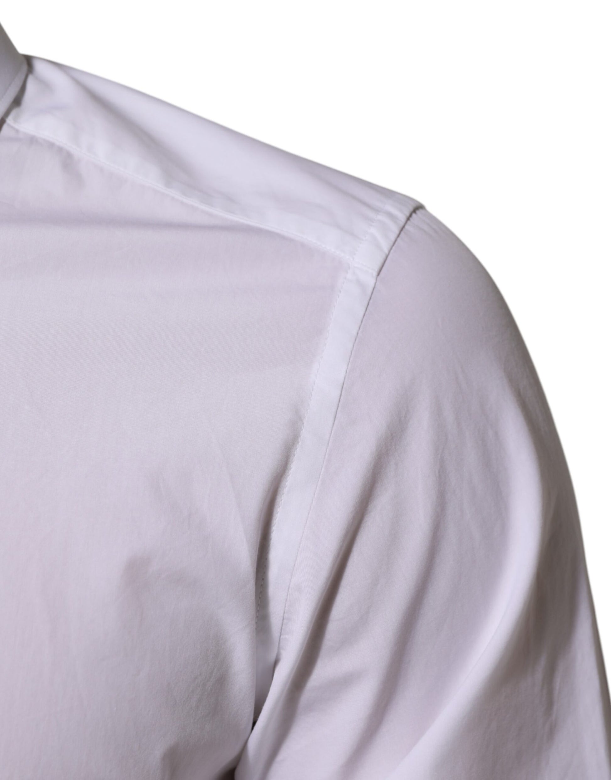 A white cotton dress shirt with a collar and short sleeves, designed for men