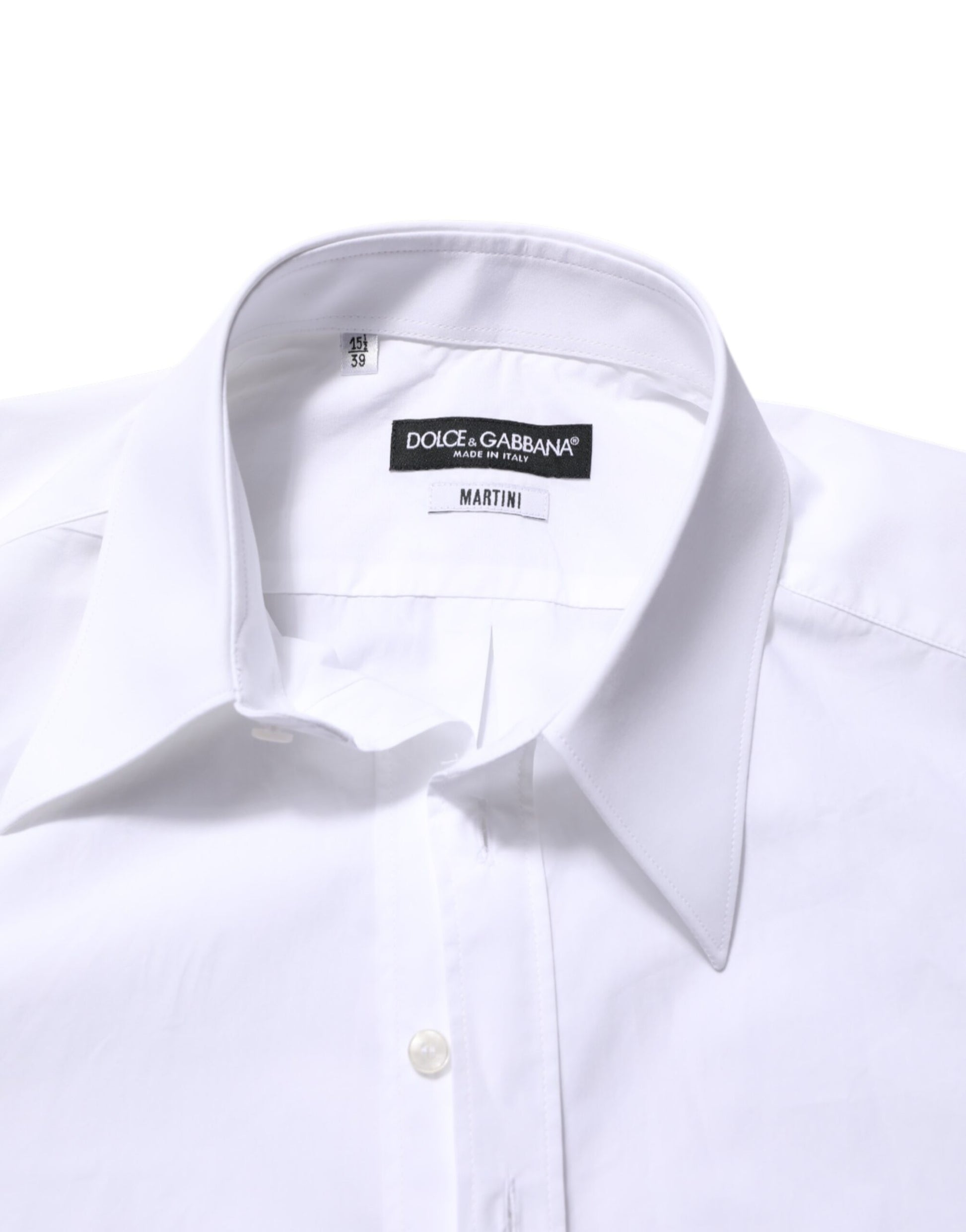 A white cotton dress shirt with a collar and button-up front, from the brand Dolce & Gabbana