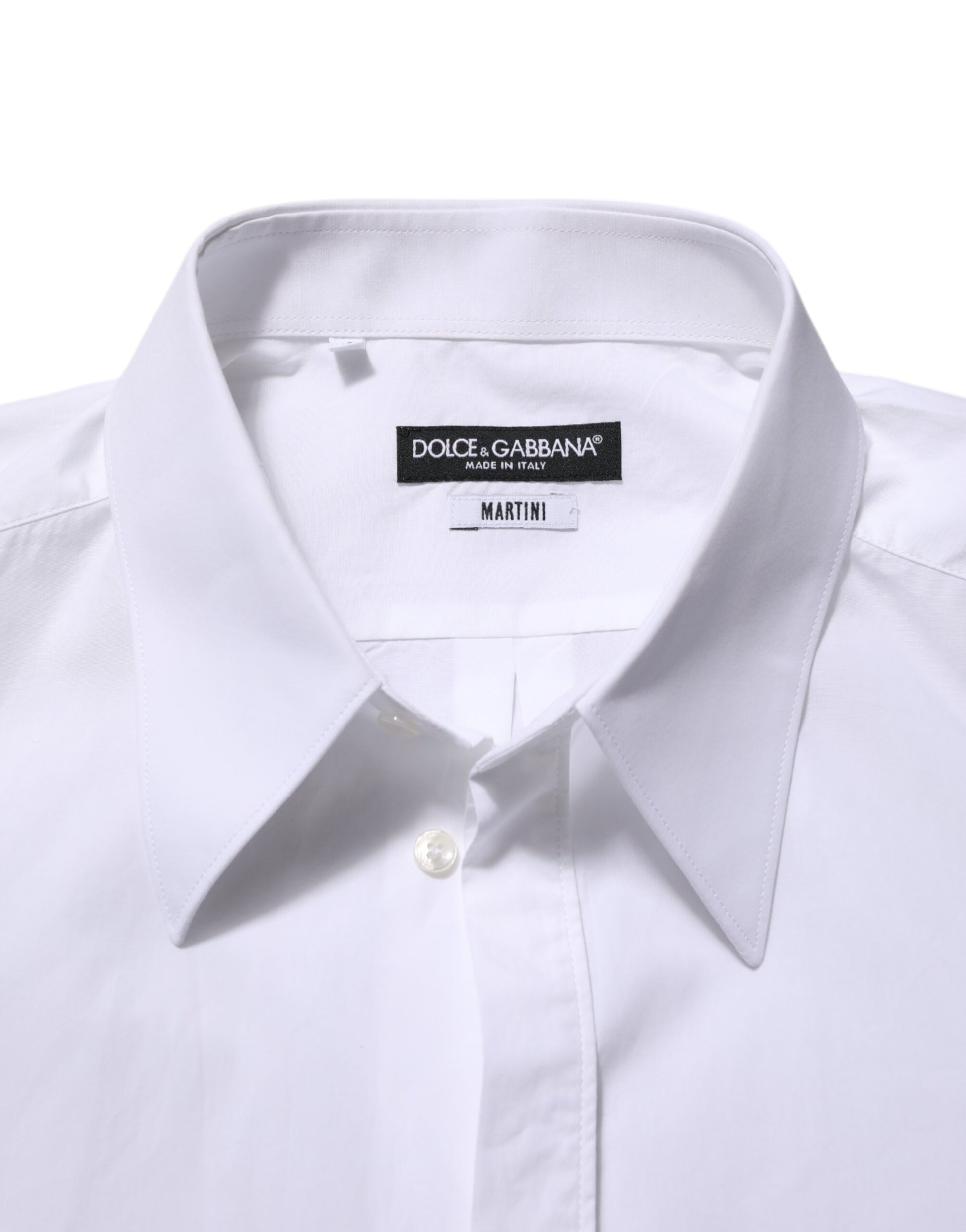 White cotton dress shirt with collar and button-up front, branded by Dolce & Gabbana