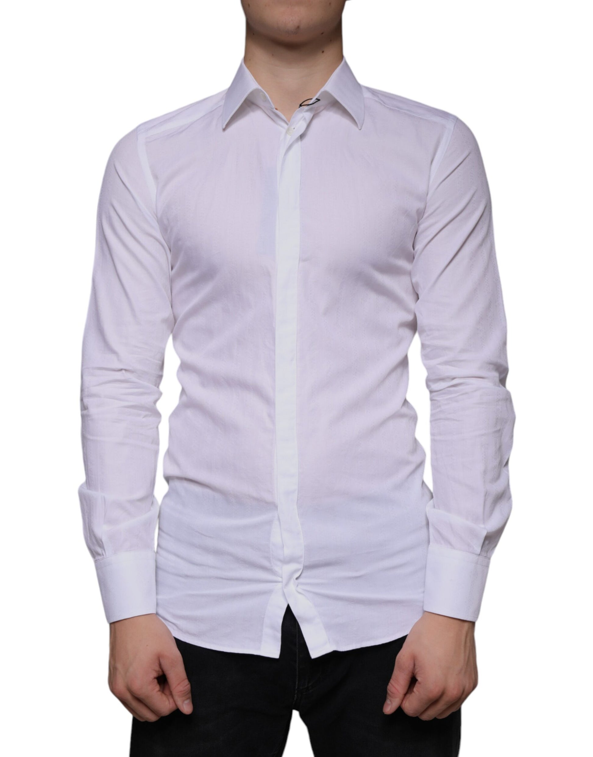 A white cotton men's dress shirt with a gold collar and cuffs