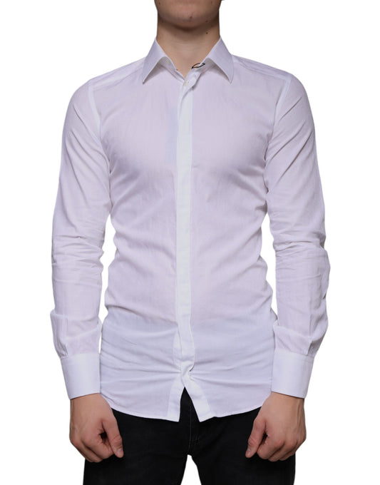 A white cotton men's dress shirt with a gold collar and cuffs