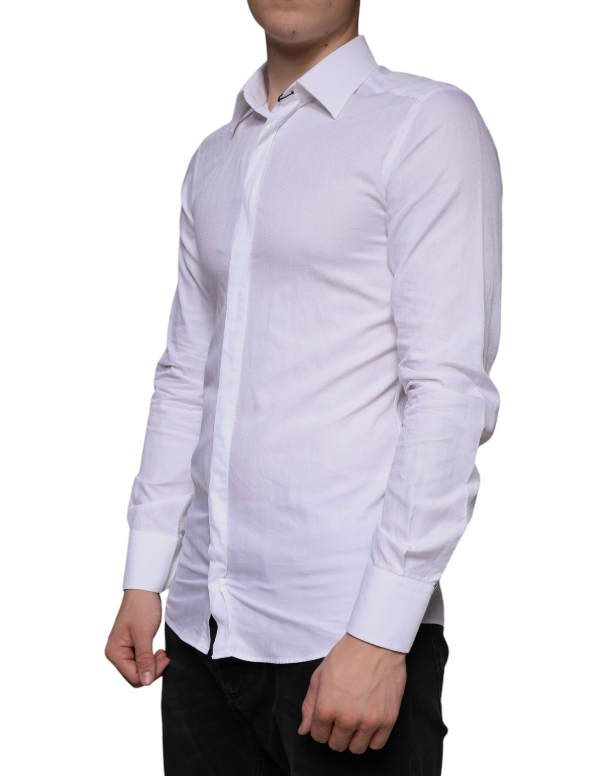 A white cotton men's dress shirt with long sleeves and a collar
