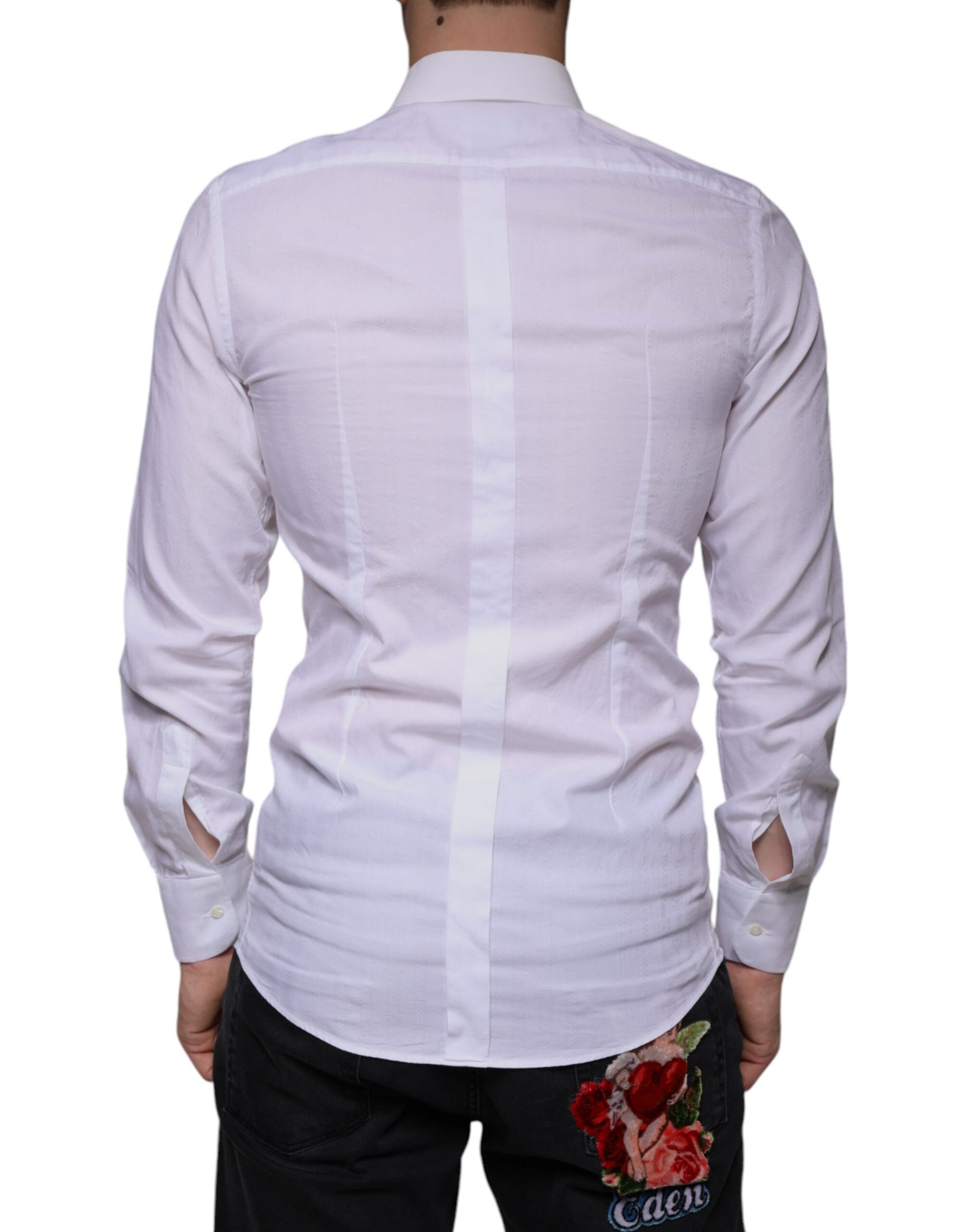A white cotton men's dress shirt with a gold floral pattern on the back