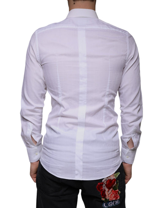 A white cotton men's dress shirt with a gold floral pattern on the back