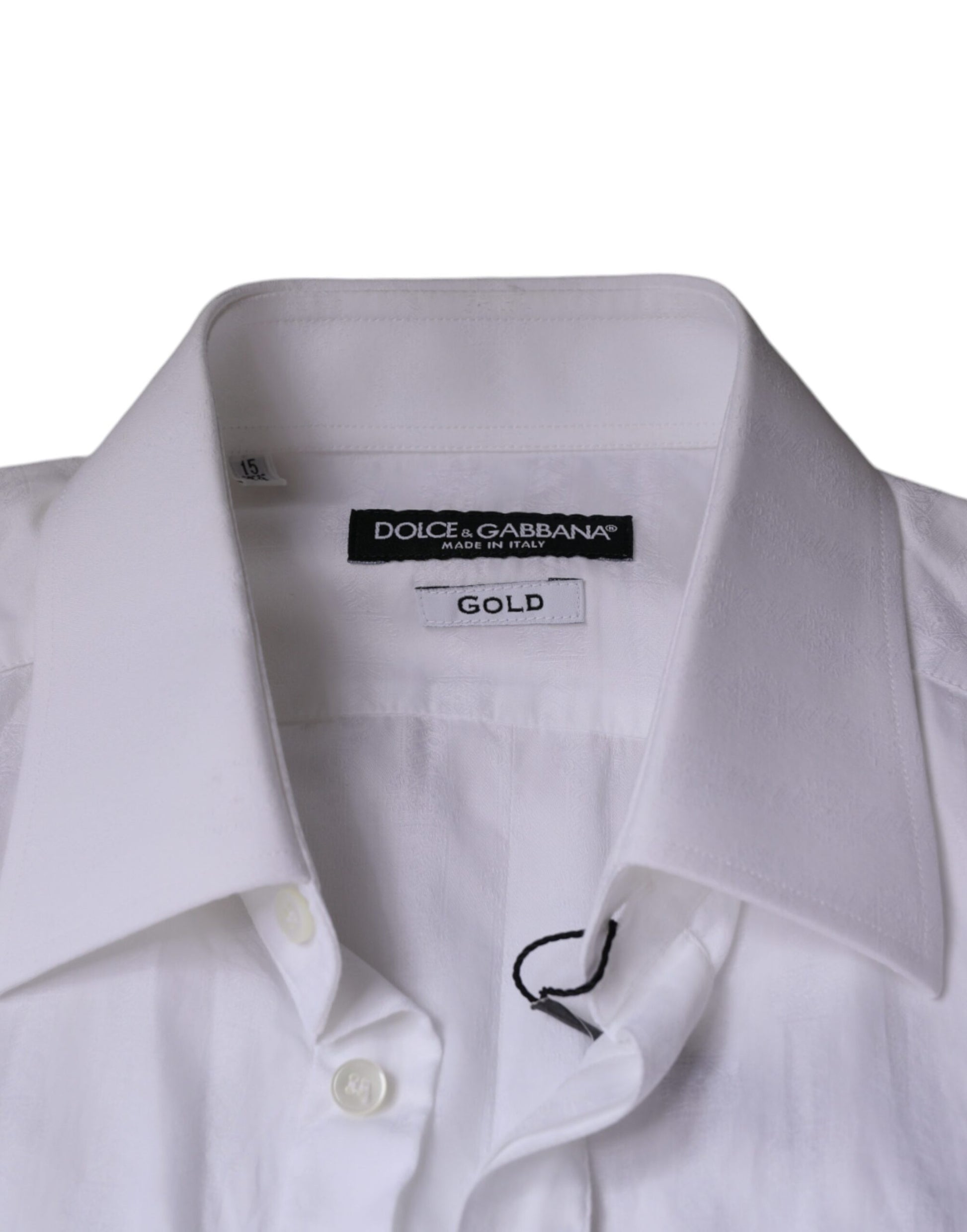 A white cotton men's dress shirt with a gold label, featuring a collar and button-up front