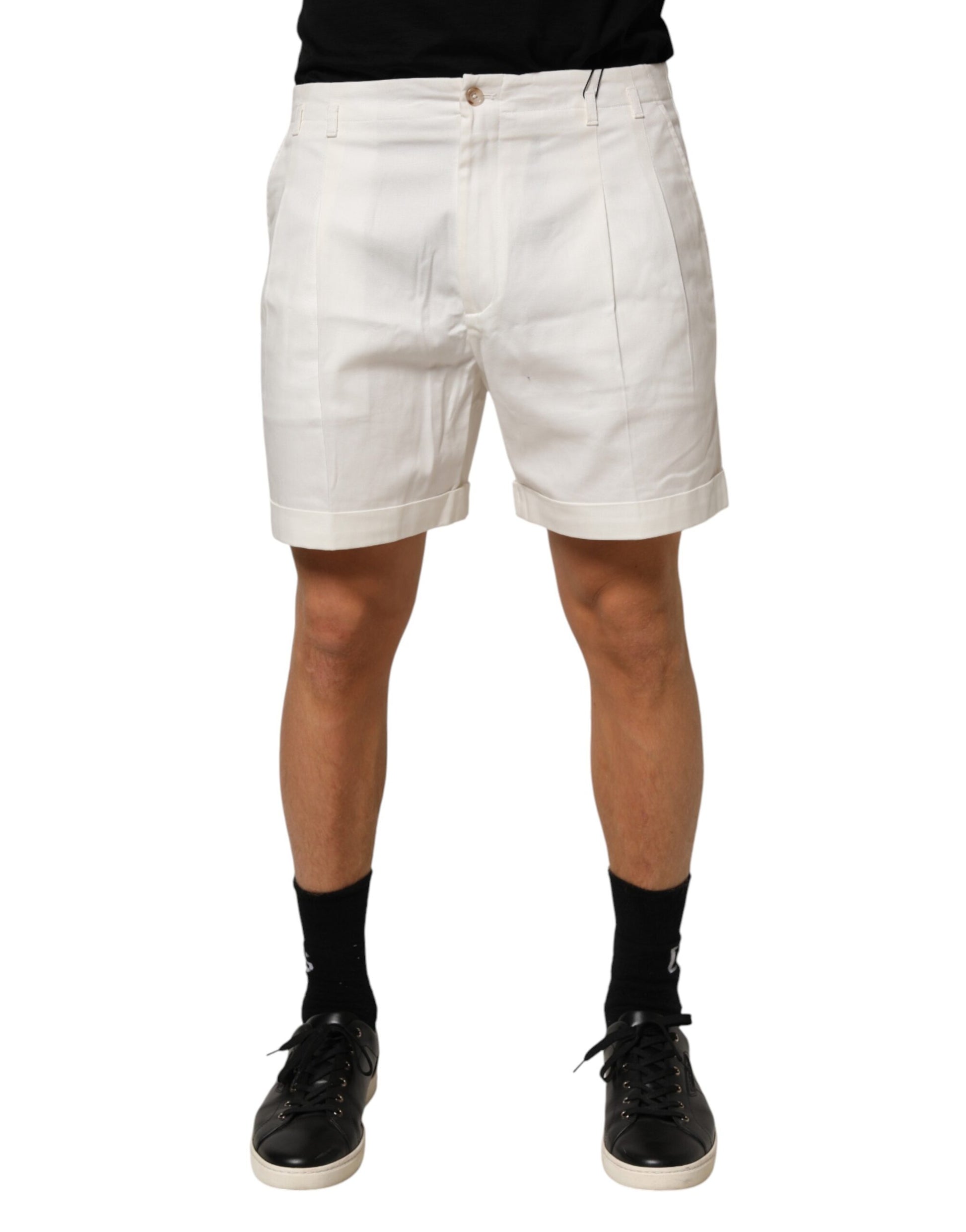 A pair of white cotton mid-waist men's bermuda shorts